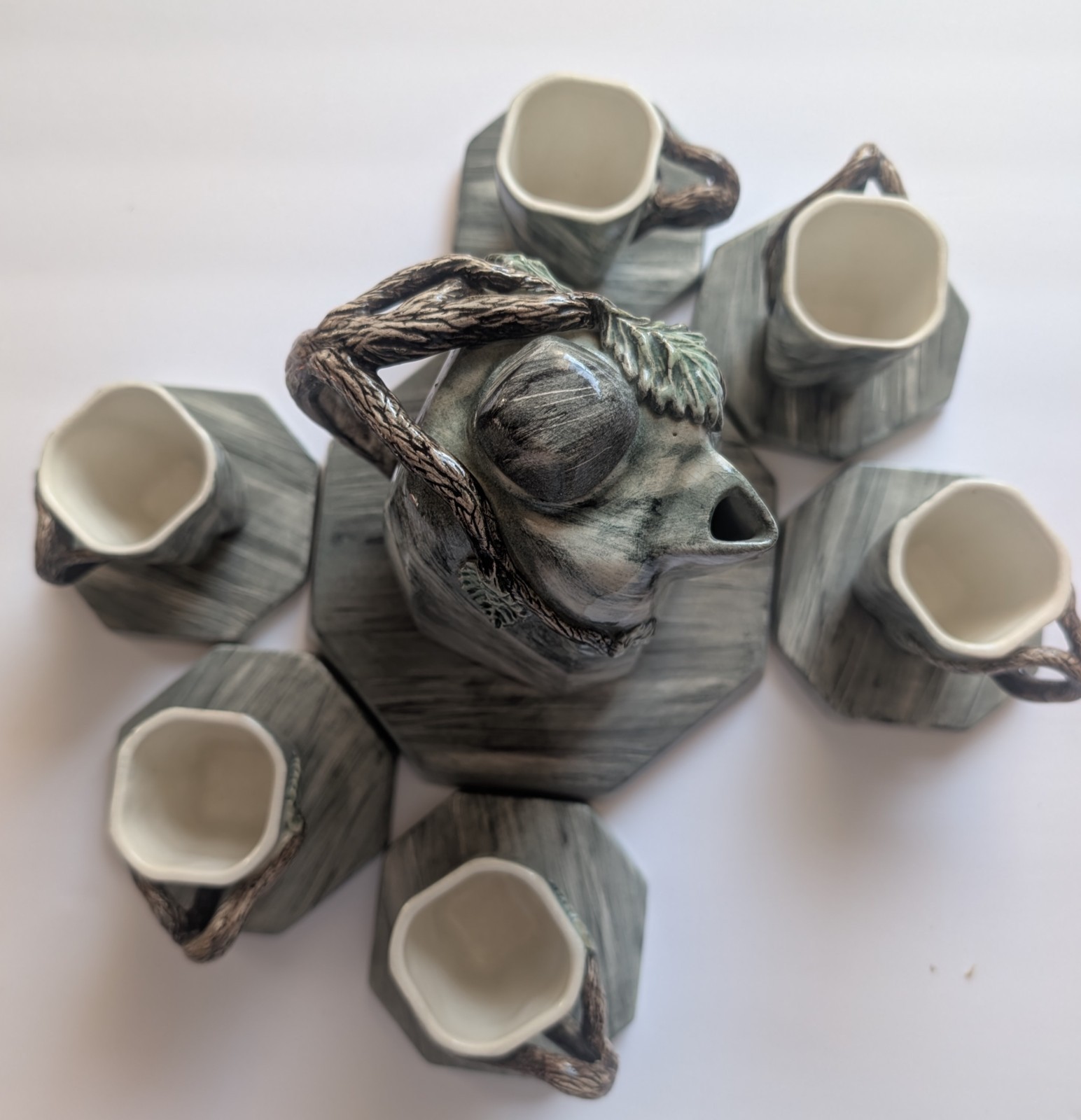 Handmade Ceramic Coffee Set Pottery Pitcher & 6 Cups Branch Leaf Handles Art