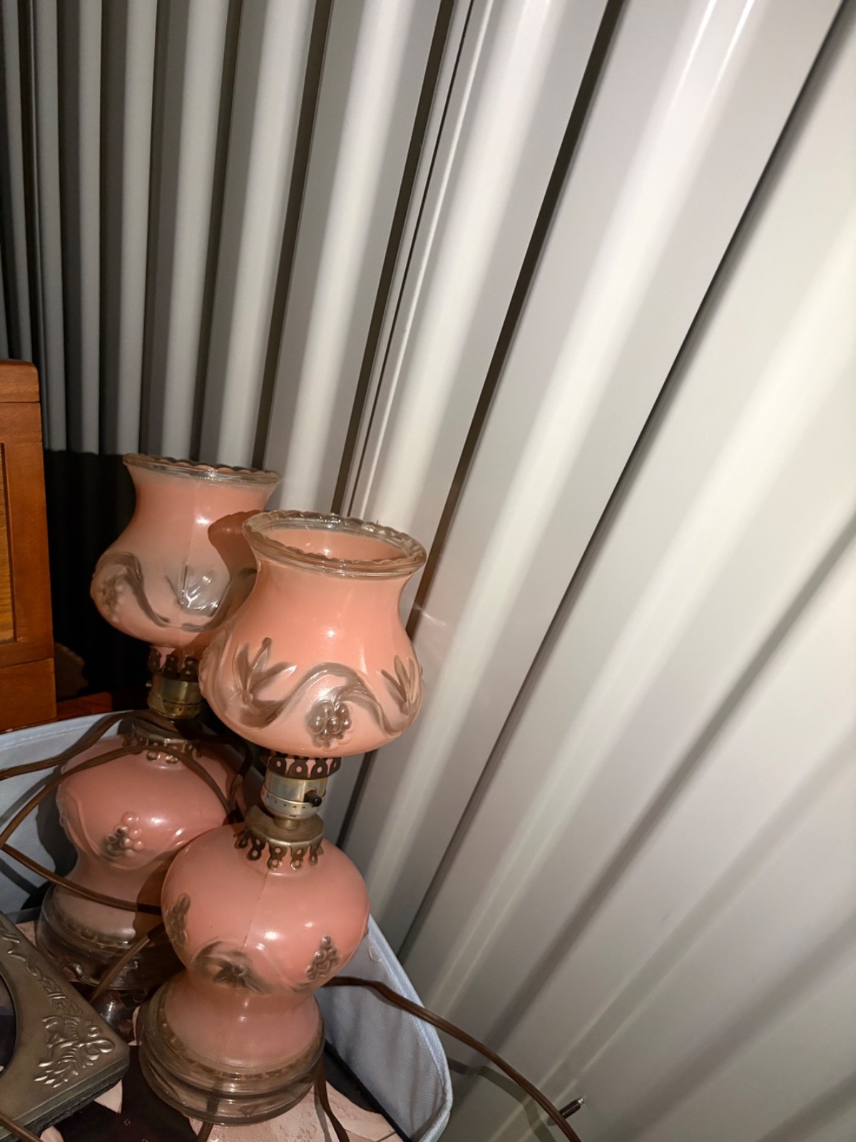 Vintage MCM Art Deco 40-50s Frosted Pink Glass Boudoir Electric Lamps Set of 2