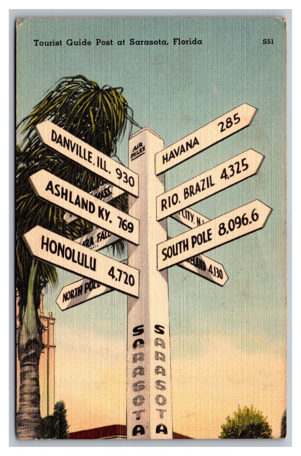 Sarasota FL Florida Tourist Guide Post Air Miles to Major Cities Linen Postcard