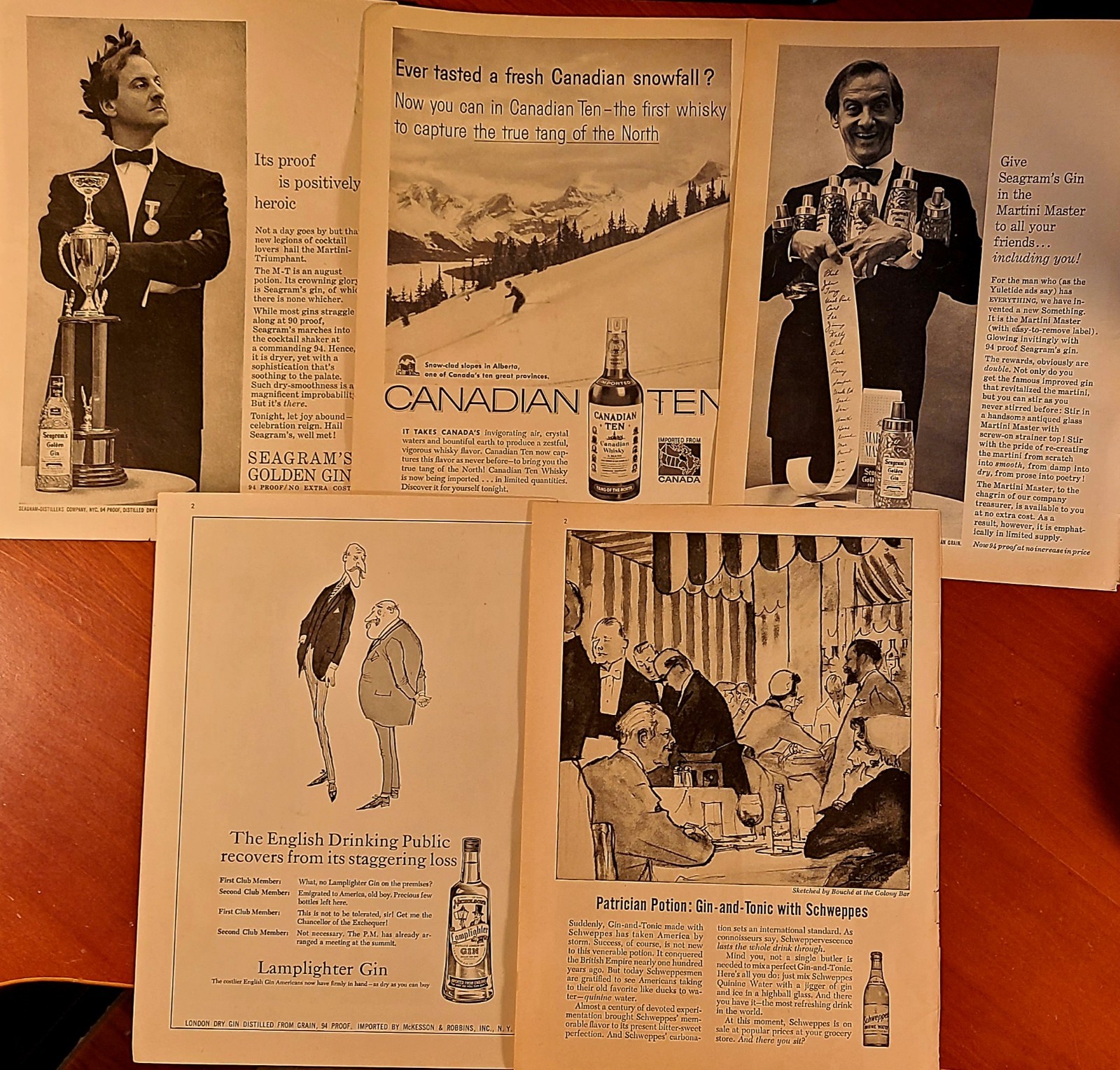 1953-1959 Canadian Ten, Seagram\'s, Lamplighter, Schweppes PRINT ADS  (5 prints)