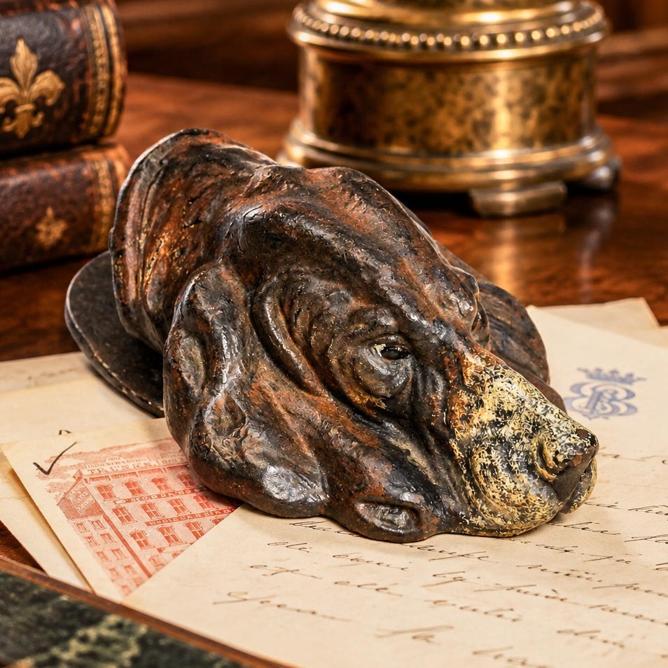Whimsical Antique Cold Painted Bloodhound Dog Document Clip Desk Tidy Paper Clip