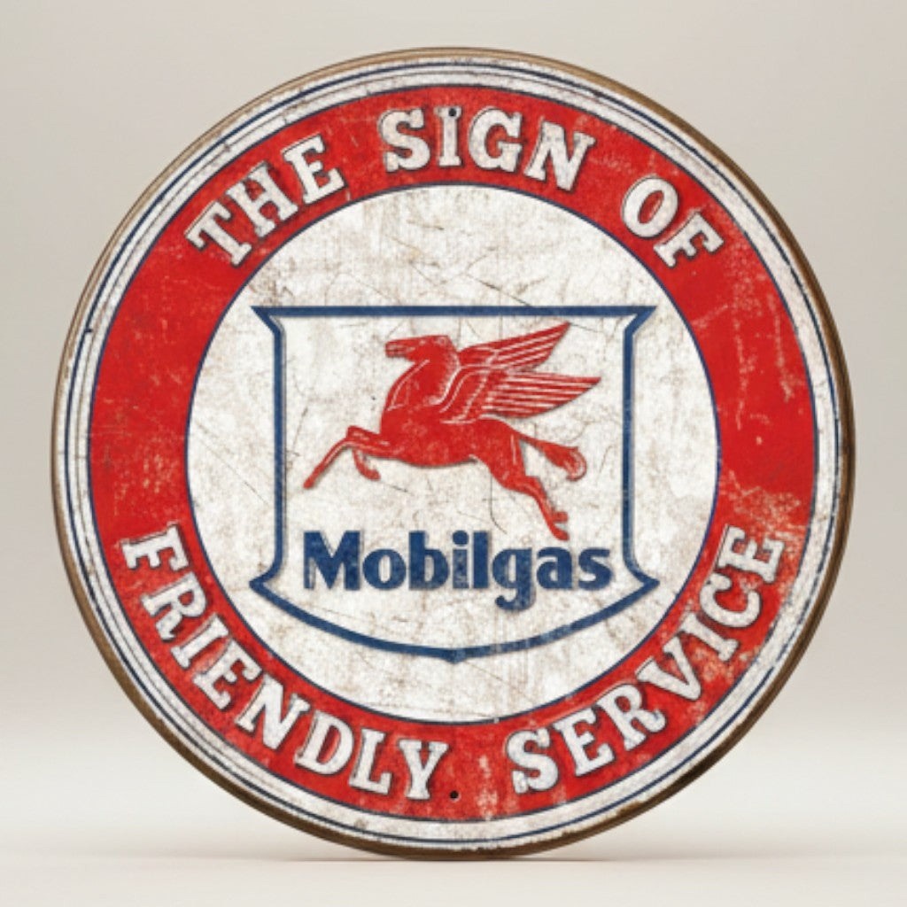 Mobilgas Friendly Service Round Embossed Metal Wall Sign
