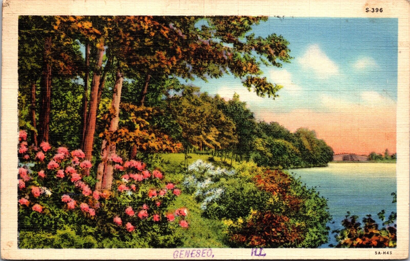 Postcard Geneseo Illinois Lake View Trees Flowers 1942 Linen CURT TEICH