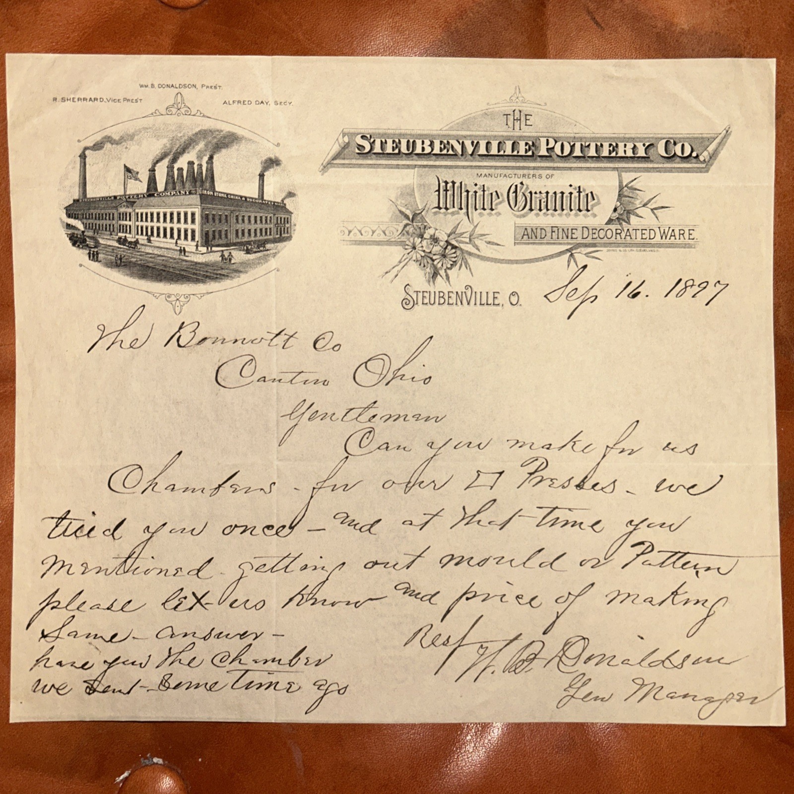 Antique Letterhead 1897 The Steubenville Pottery Co. Ohio Signed Wm B Donaldson
