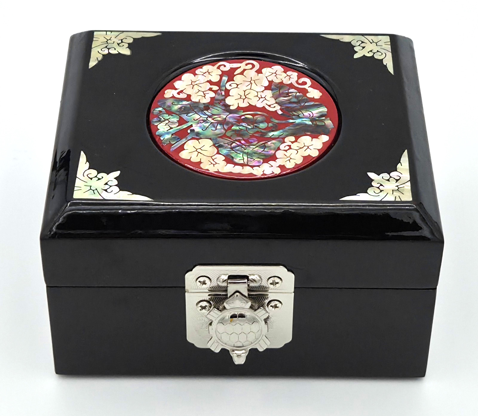 Korean Black Lacquer Trinket Box Mother of Pearl Abalone w/Mirror & Turtle Clasp Korean Black Lacquer Trinket Box Mother of Pearl Abalone w/Mirror & Turtle Clasp