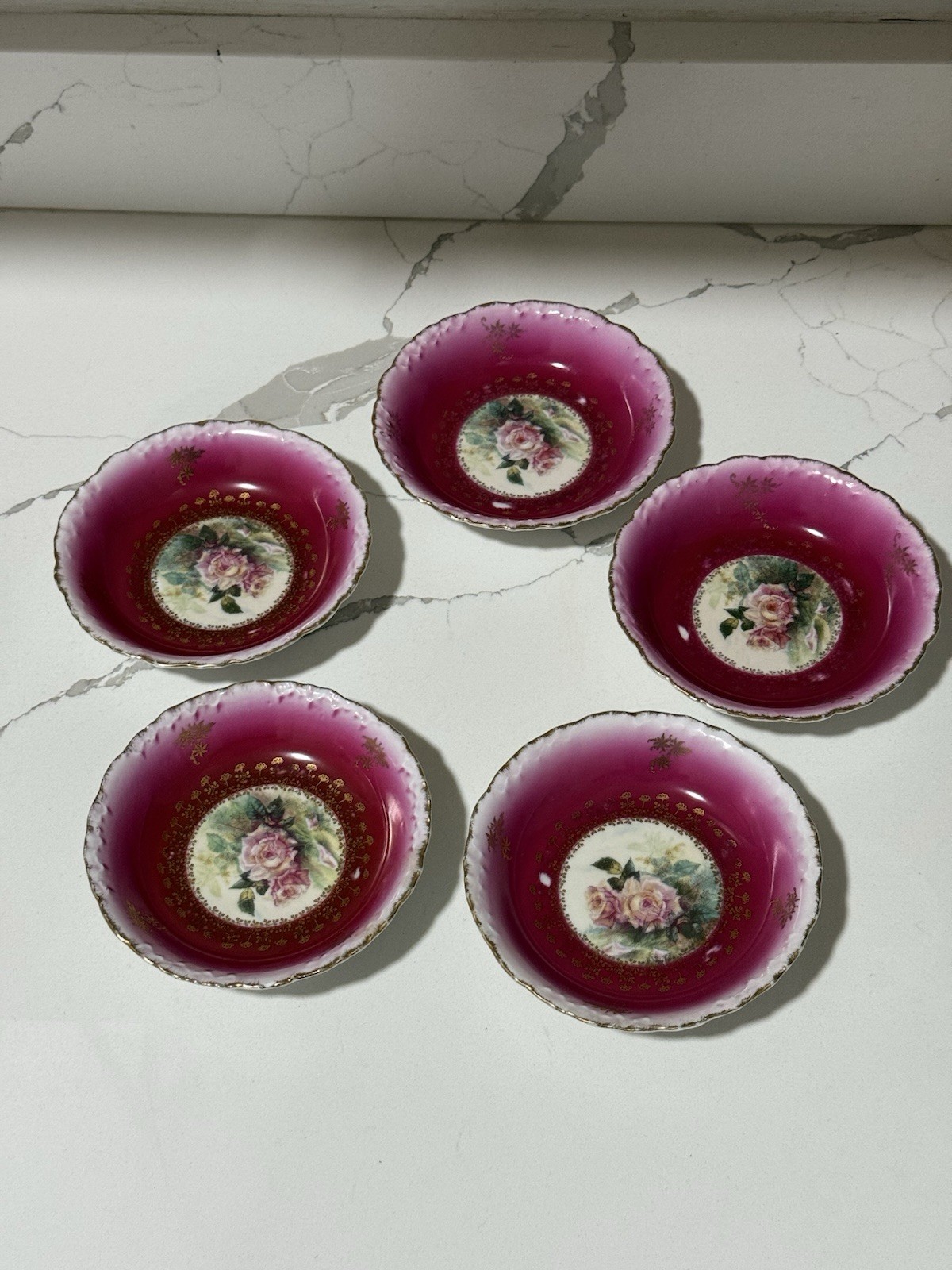 RC Rosenthal Monbijou Bavaria Antique Pink/Magenta Roses Set of 5 