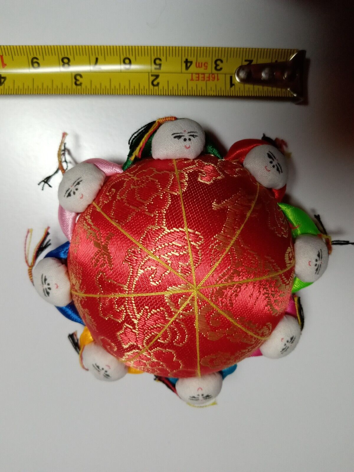 Chinese Pin Cushion-Red Brocade-3 inch-With 8 People Holding Hands
