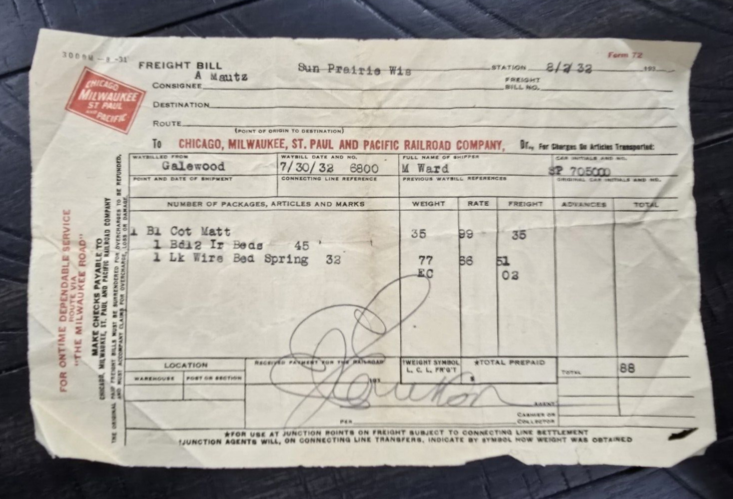 1932 Chicago Milwaukee Road St Paul Pacific Railroad Way Bill Freight Wisconsin