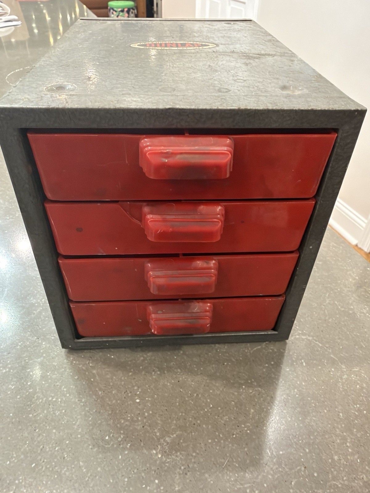 Vintage DUNLAP 4 Drawer Organizer Metal Cabinet Red Plastic Drawers / USED