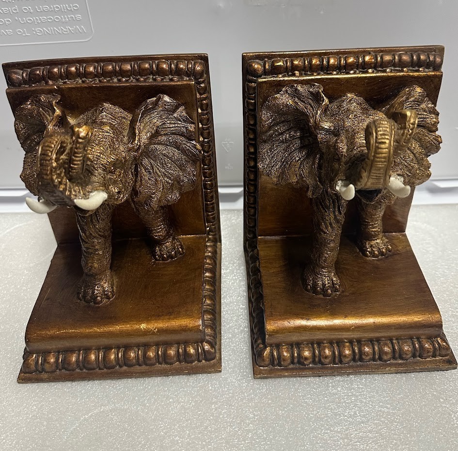Vintage Pair Gold Composite Mammoth Elephant Bookends White Tusks - Heavy