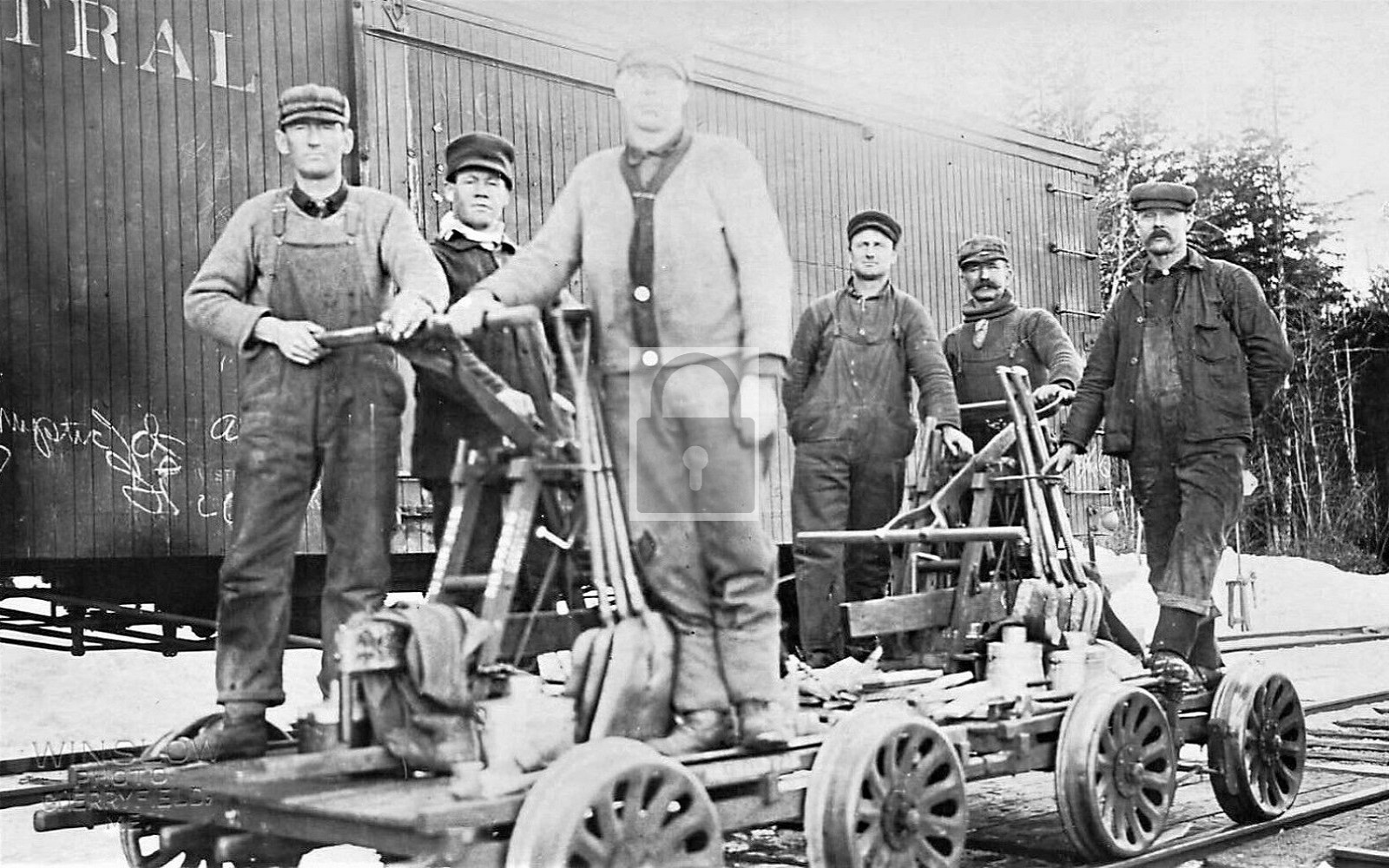 Railroad Train Workers Pose On Hand Car Cherryfield Maine ME - Reprint