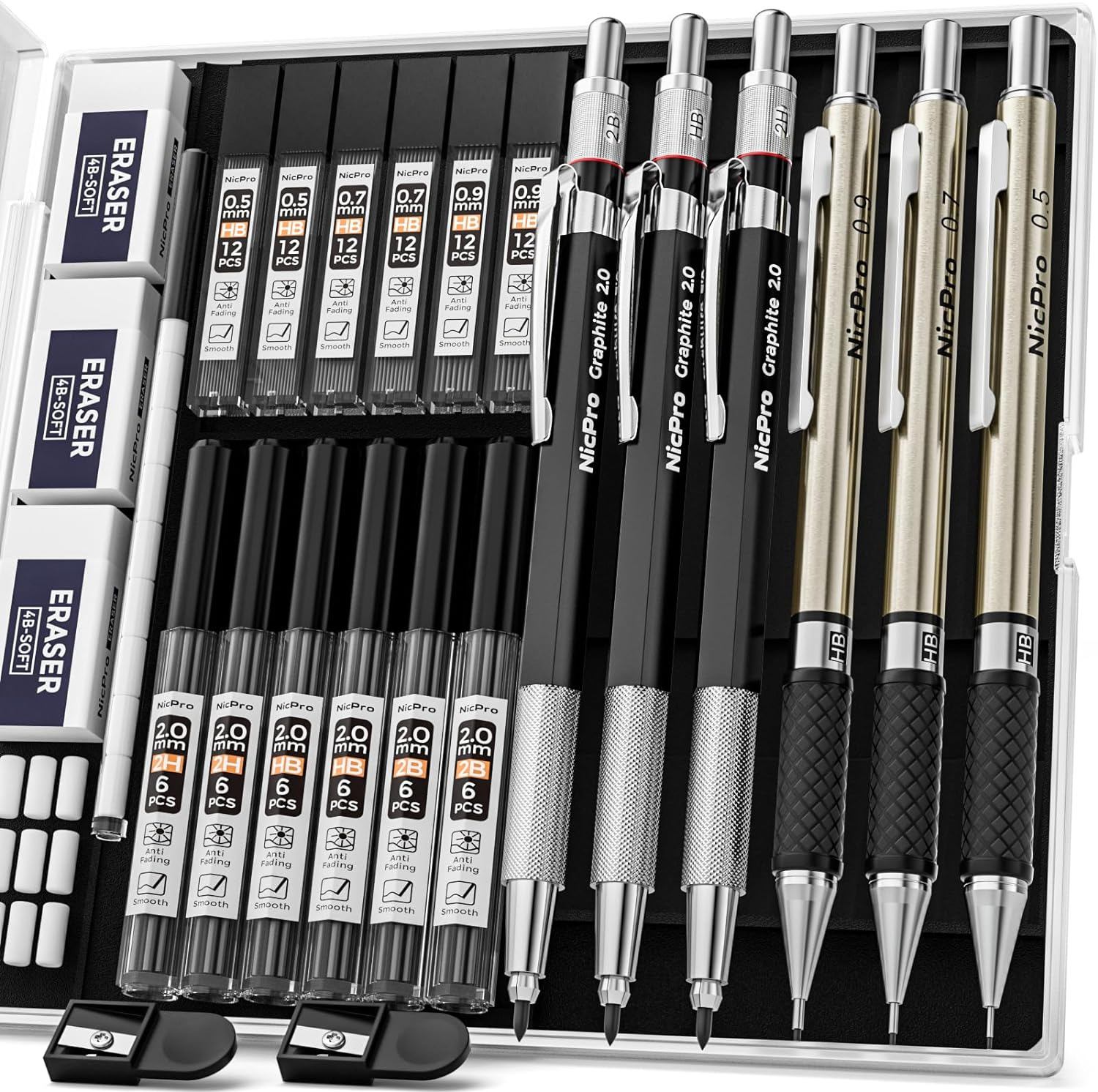 6PCS Art Mechanical Pencils Set Metal Drafting 0.5, 0.7, 0.9Mm & 2Mm Lead Holder