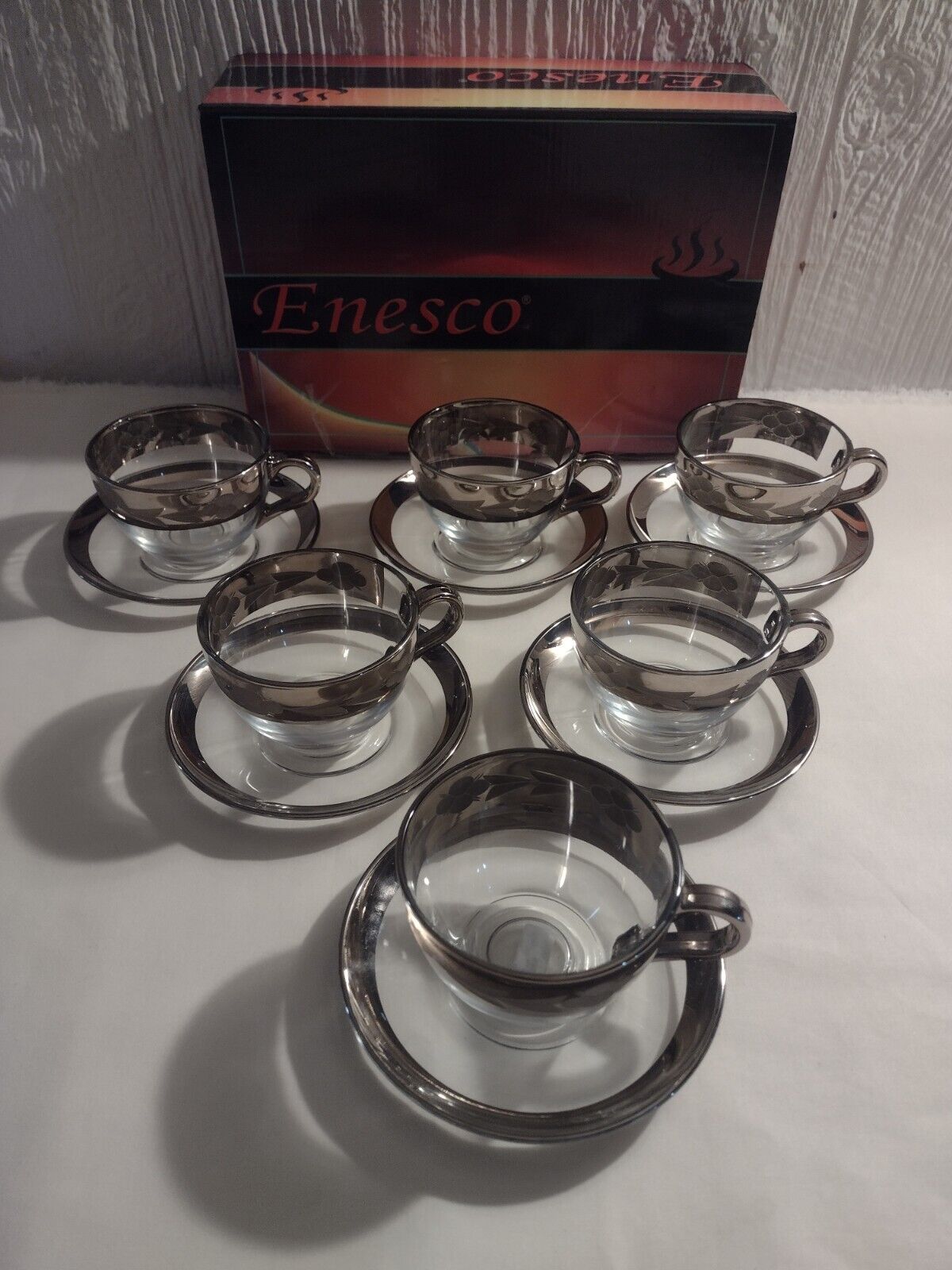 Rare Set ~6 ~Turkish Teacups & Saucers~ Etched Silver ~Enesco 