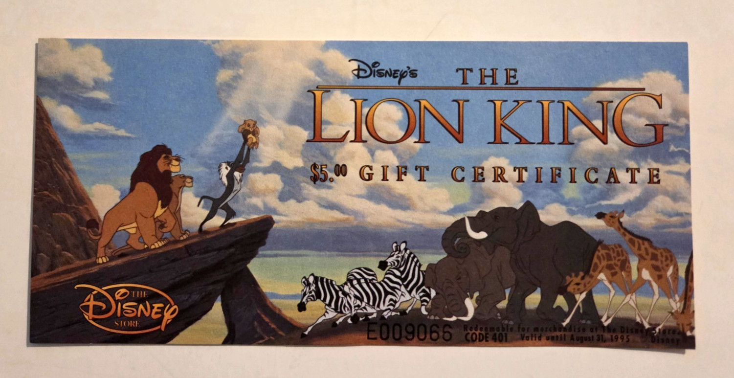 Disney\'s The Lion King $5.00 Gift Certificate 1995 Crisp Unused The Disney Store