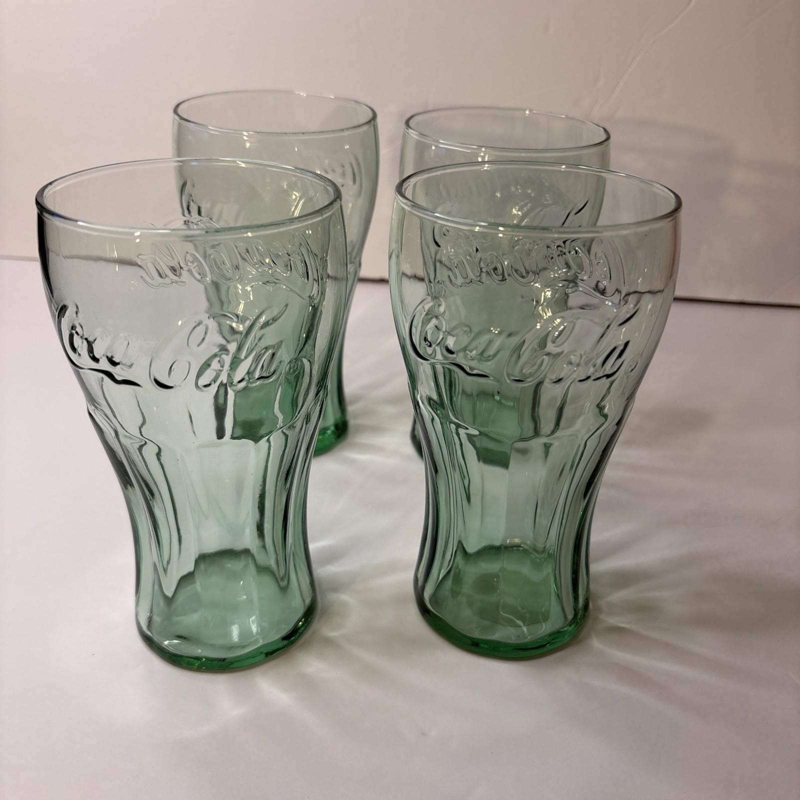 Vintage Set Of 4 / 16.75 oz Coca Cola Green Glasses Embossed Script Logo