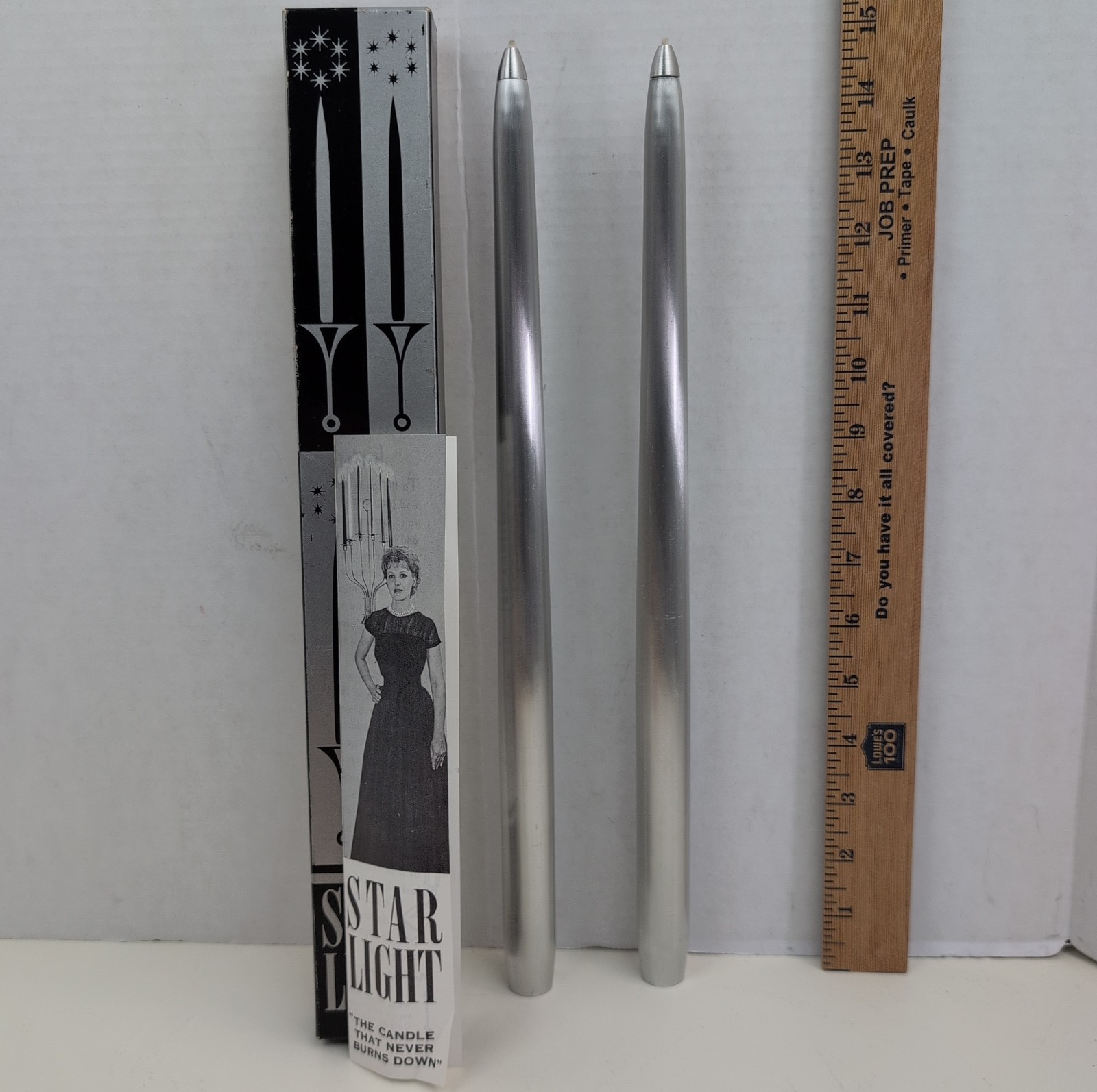 Vintage Star Light Set of 2 Silver Metal Reusable Taper Candles Original Box 