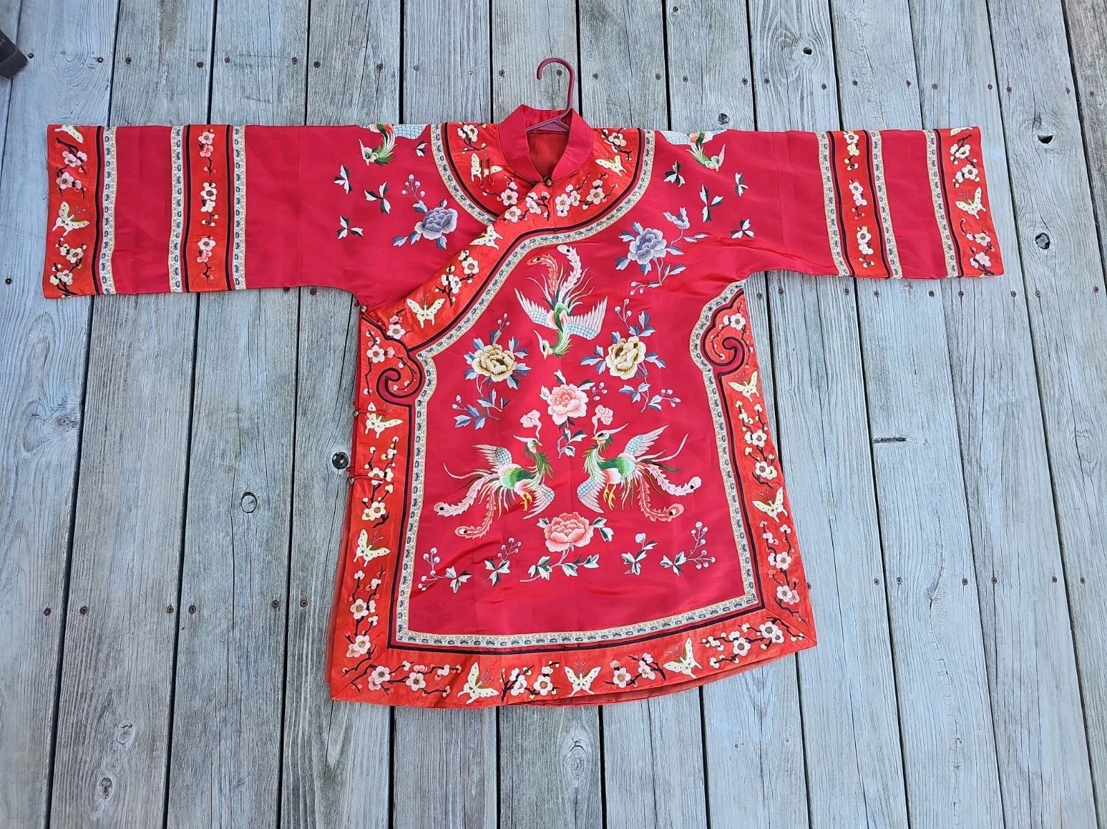 Vtg Chinese Embroidered Silk Jacket Red Phoenix Peony Mandarin Coat Mid Century 