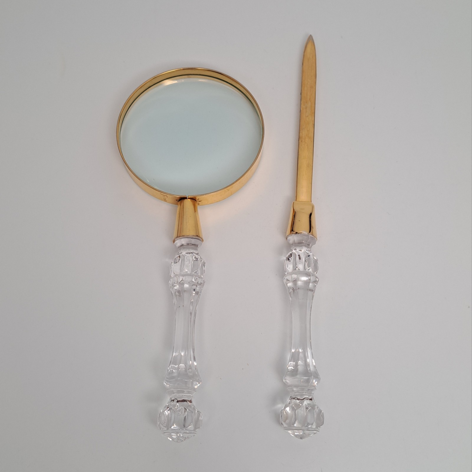 Vintage Fostoria Executive Crystal Desk Set Magnifying Glass Letter Opener Gold