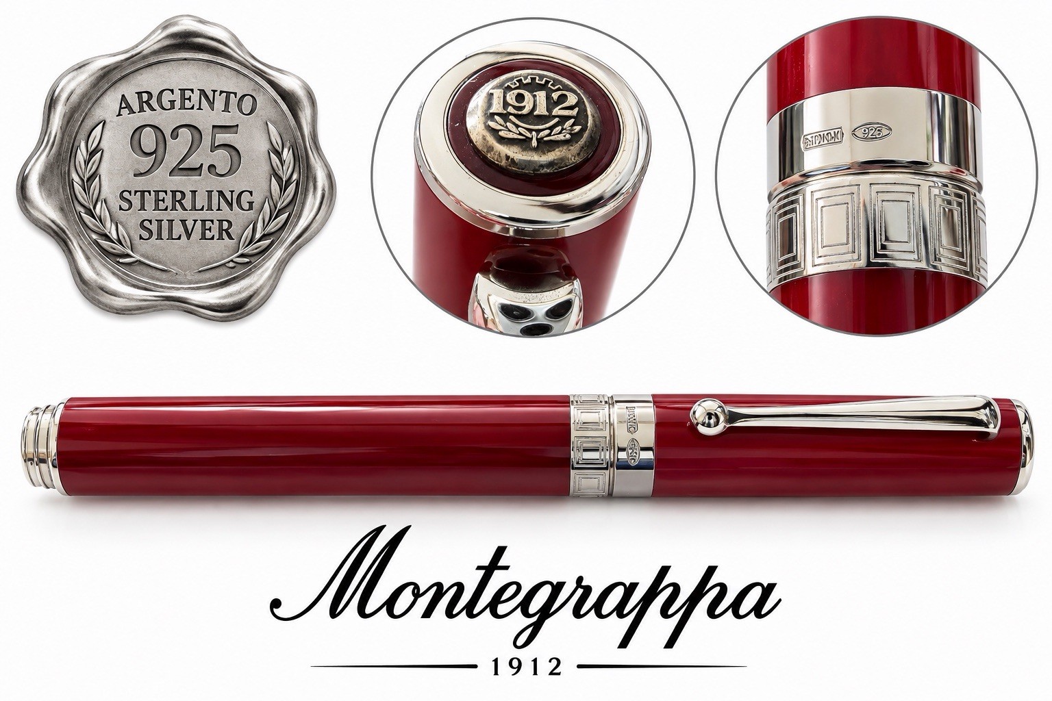 MONTEGRAPPA Rollerball Pen Expression 925 Silver Bordeaux Red Box Warranty