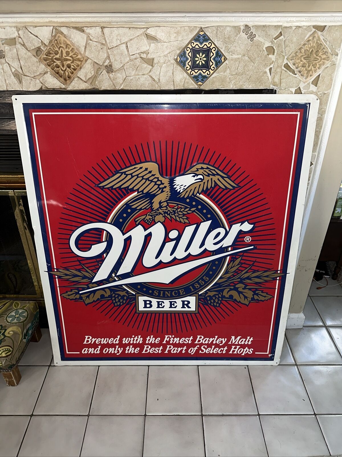 VINTAGE  MILLER BEER EAGLE LOGO METAL SIGN EMBOSSED LARGE 36”x40”
