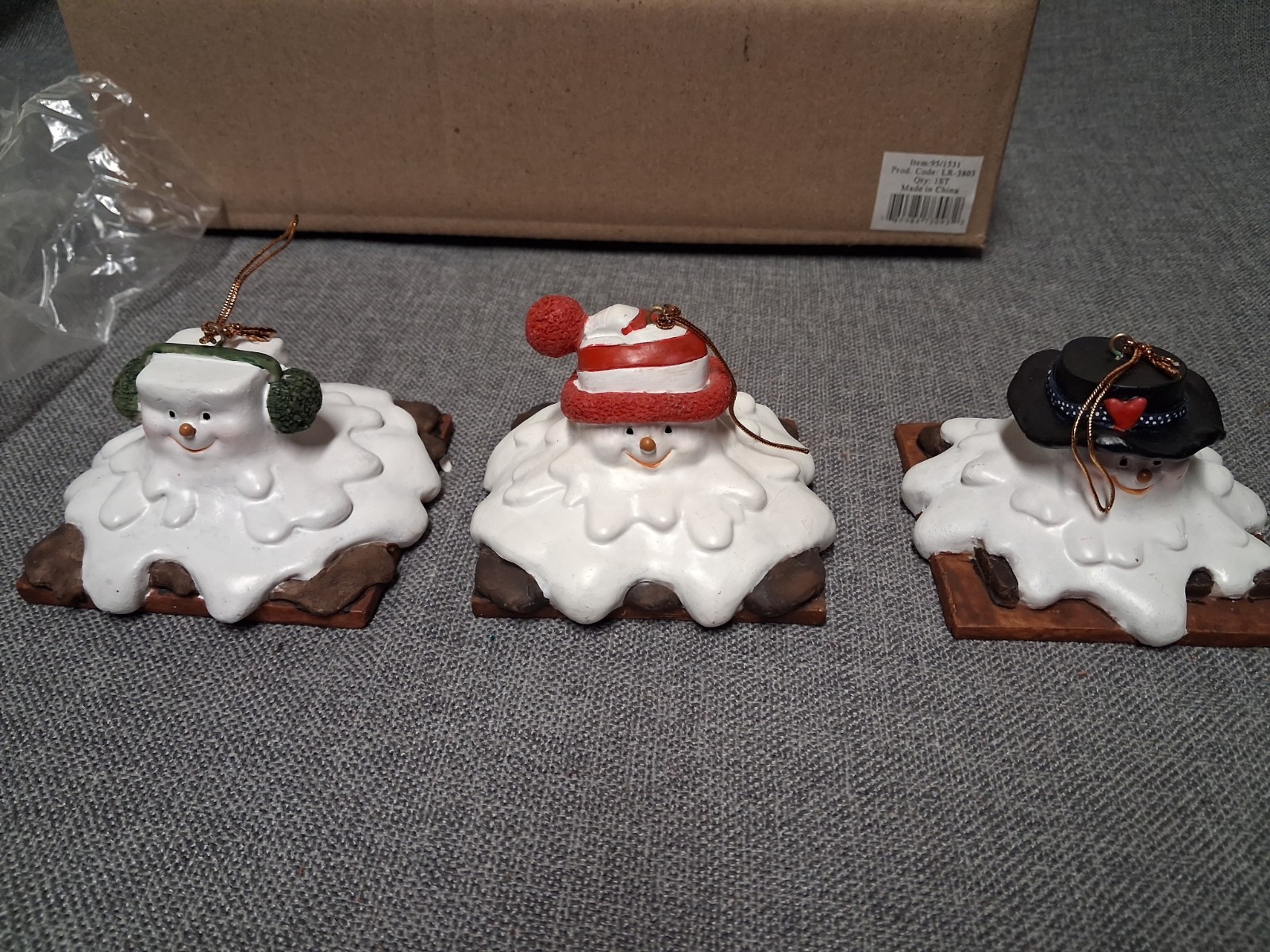 Vintage Christmas Tree Ornaments Set of 3 Smores Wood & Ceramic 