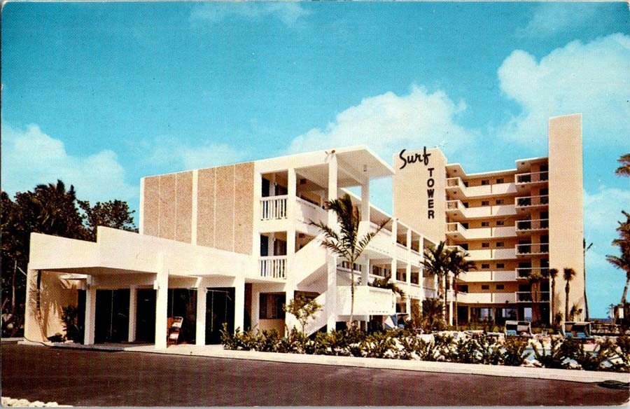 Pompano Beach FL postcard SURF TOWER MOTEL MID-CENTURY MODERN 9/12 AW3322