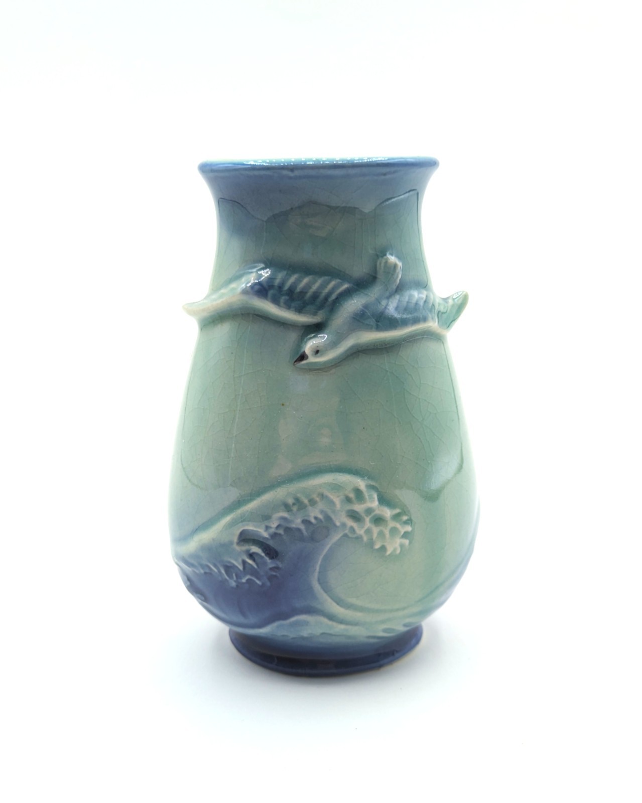 Vintage Japanese Wave and Bird Blue Green Handpainted Ceramic Vase