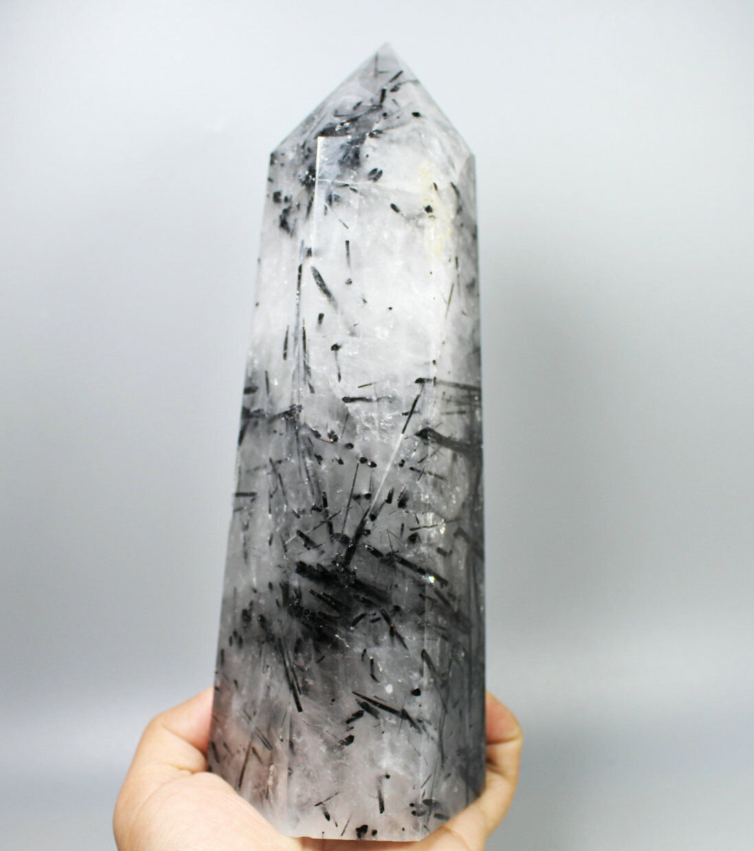 3.68lb Natural Clear Black Tourmaline Quartz Crystal Obelisk Wand Point Healing