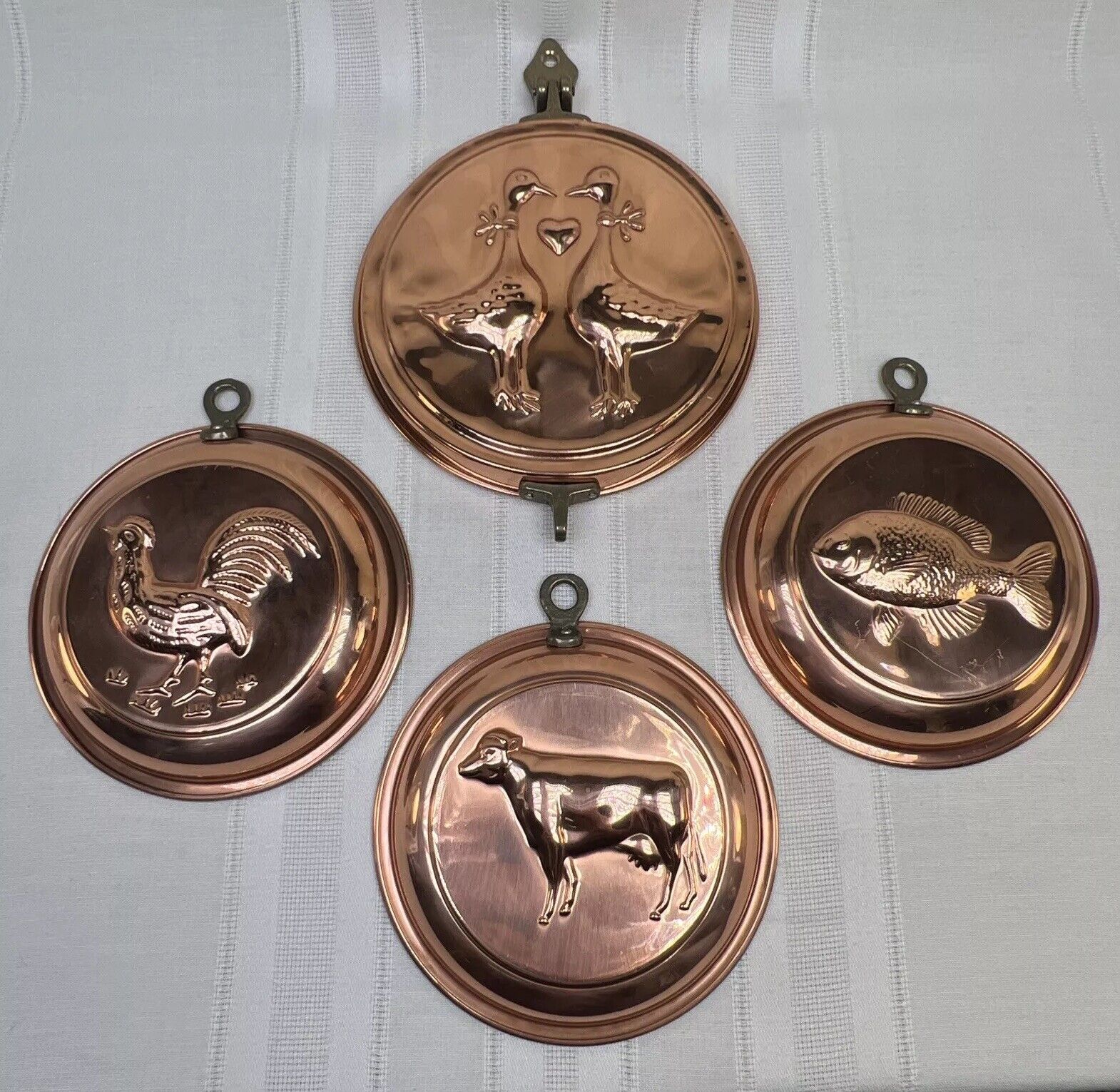 x4 Vintage COPPER Clad Tin Wall Key Holder Hanging Mold GEESE COW ROOSTER FISH