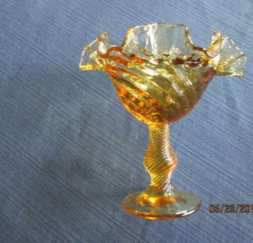 1pc old AMBER GLASS BOWL pedestal ruffled edge spiral swirl footed dish candy