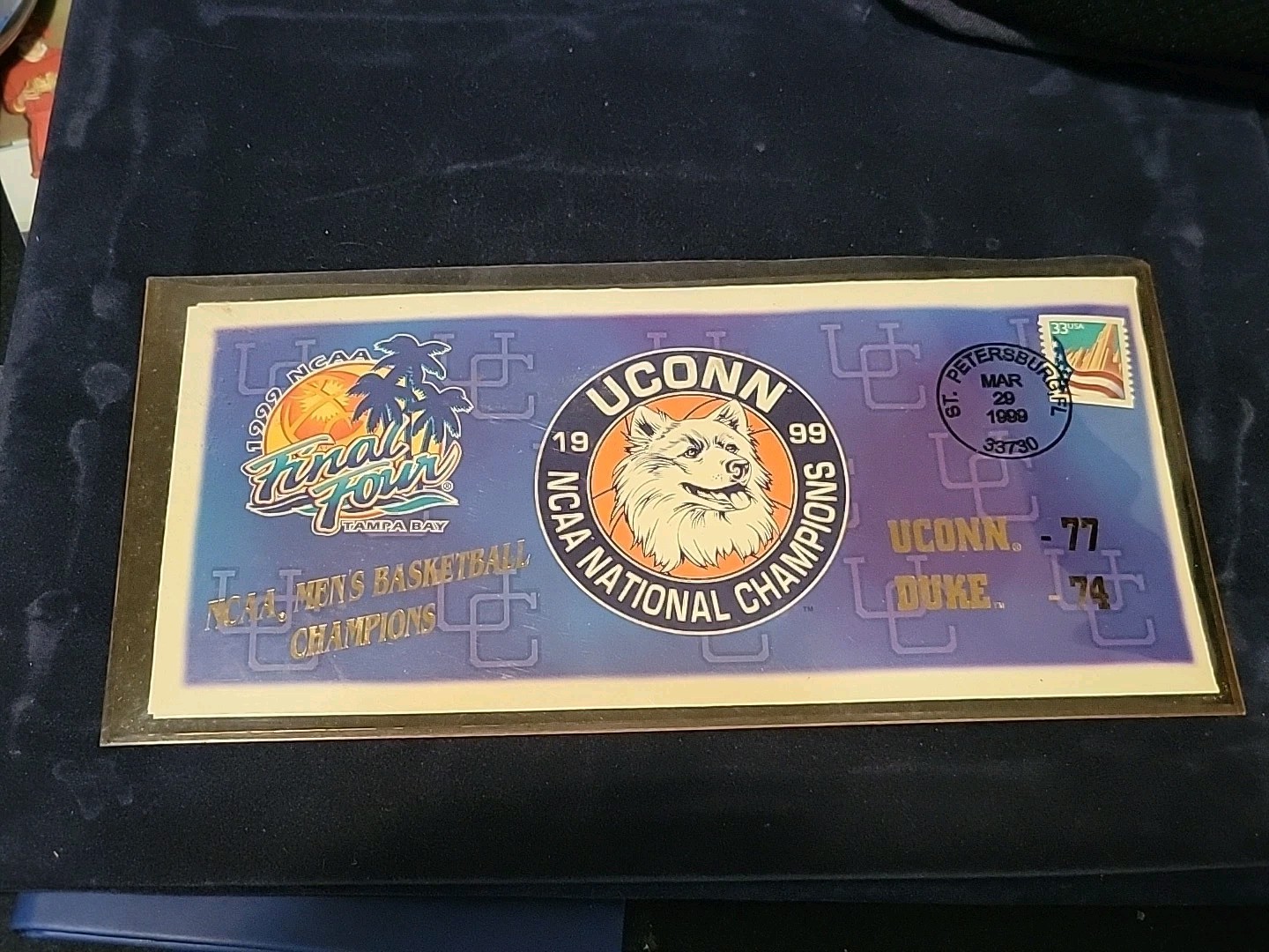 UCONN NCAA Champions 1999 Stamped Card & Envelope NEW Win Over Duke
