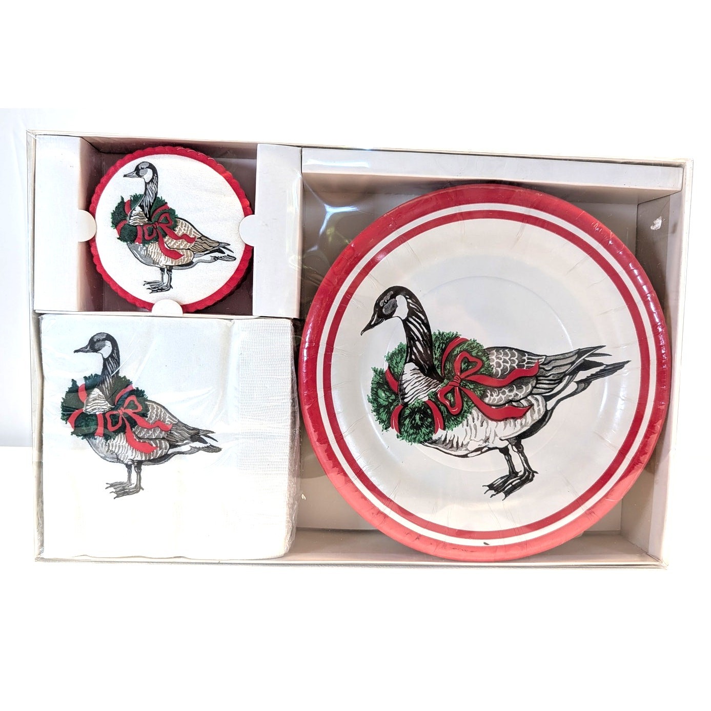 VTG Gordon Fraser Gallery CHRISTMAS Towels Plates Coasters Set Goose Wreath Nap