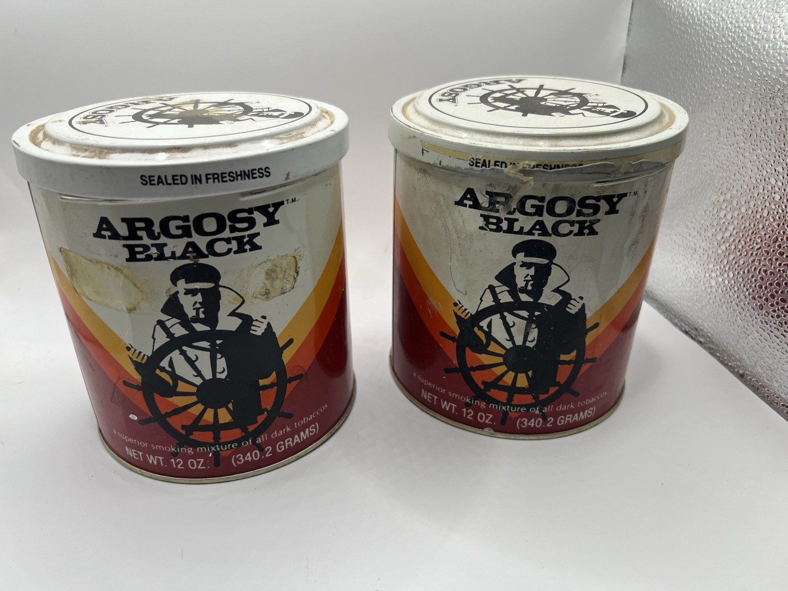 Lot 2 Vintage Argosy Black Pipe Tobacco Tins Cans Empty 12 oz Nautical 