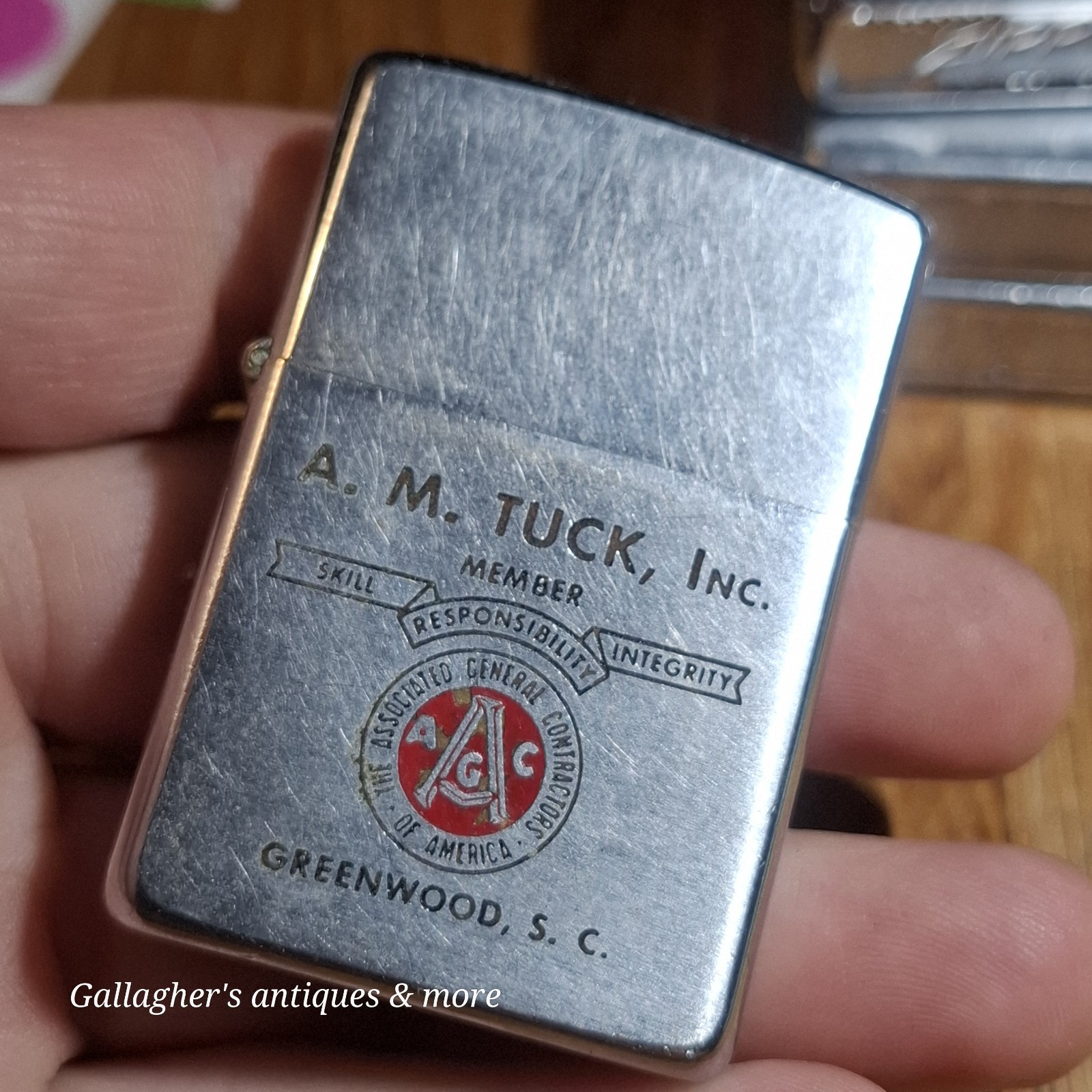 Vintage 1965 Zippo Lighter AM Tuck Inc Greenwood SC AGC Advertising Pat 2517191 Vintage 1965 Zippo Lighter AM Tuck Inc Greenwood SC AGC Advertising Pat 2517191