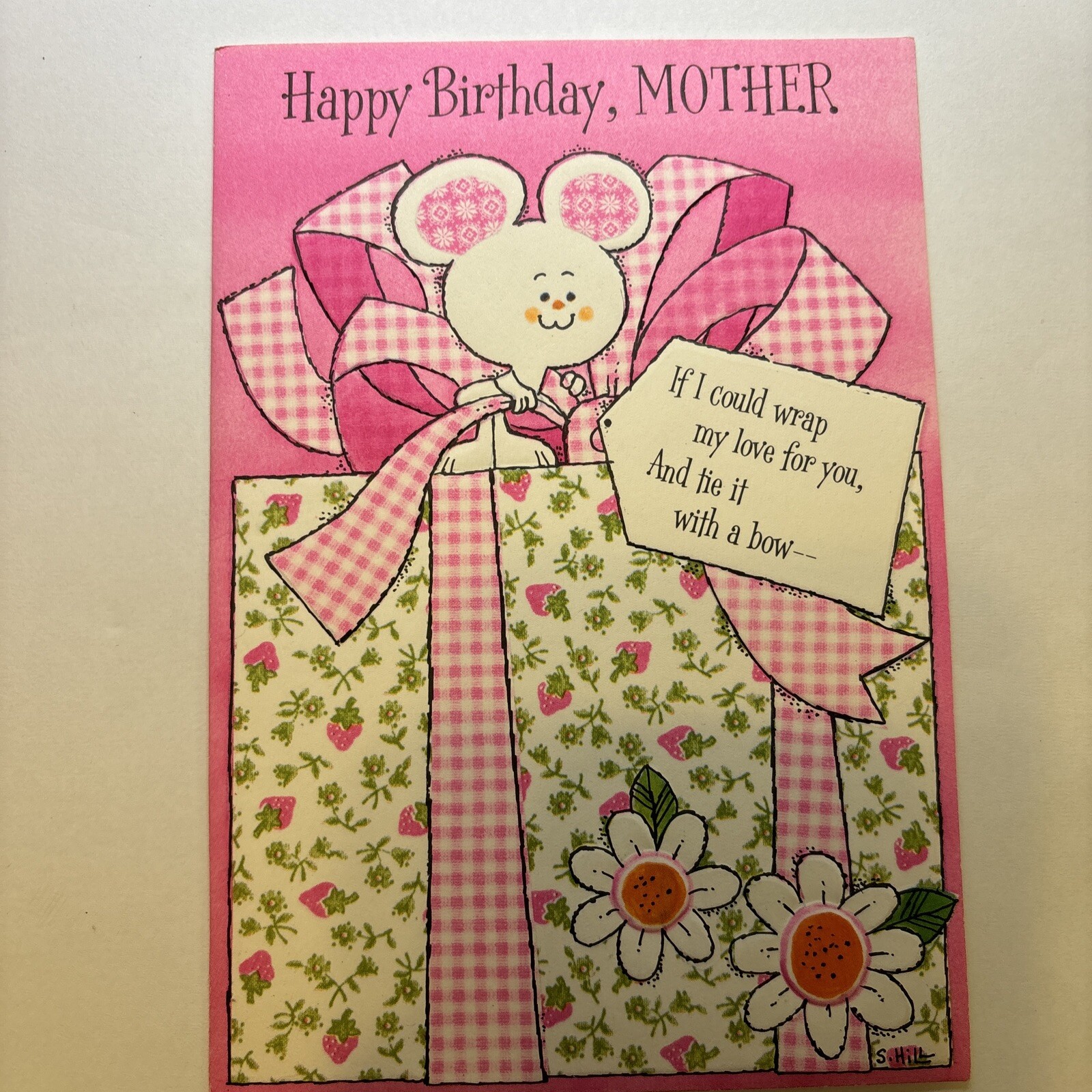 Vintage Ambassador Happy Birthday Mother Greeting Card 1980’s Pink Mouse Daisy