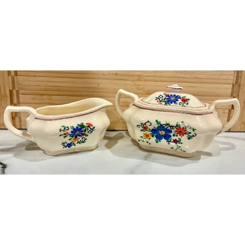 1930s Steubenville Pottery Ivory Blue Multi Floral Sugar Bowl w Lid creamer Set 1930s Steubenville Pottery Ivory Blue Multi Floral Sugar Bowl w Lid creamer Set
