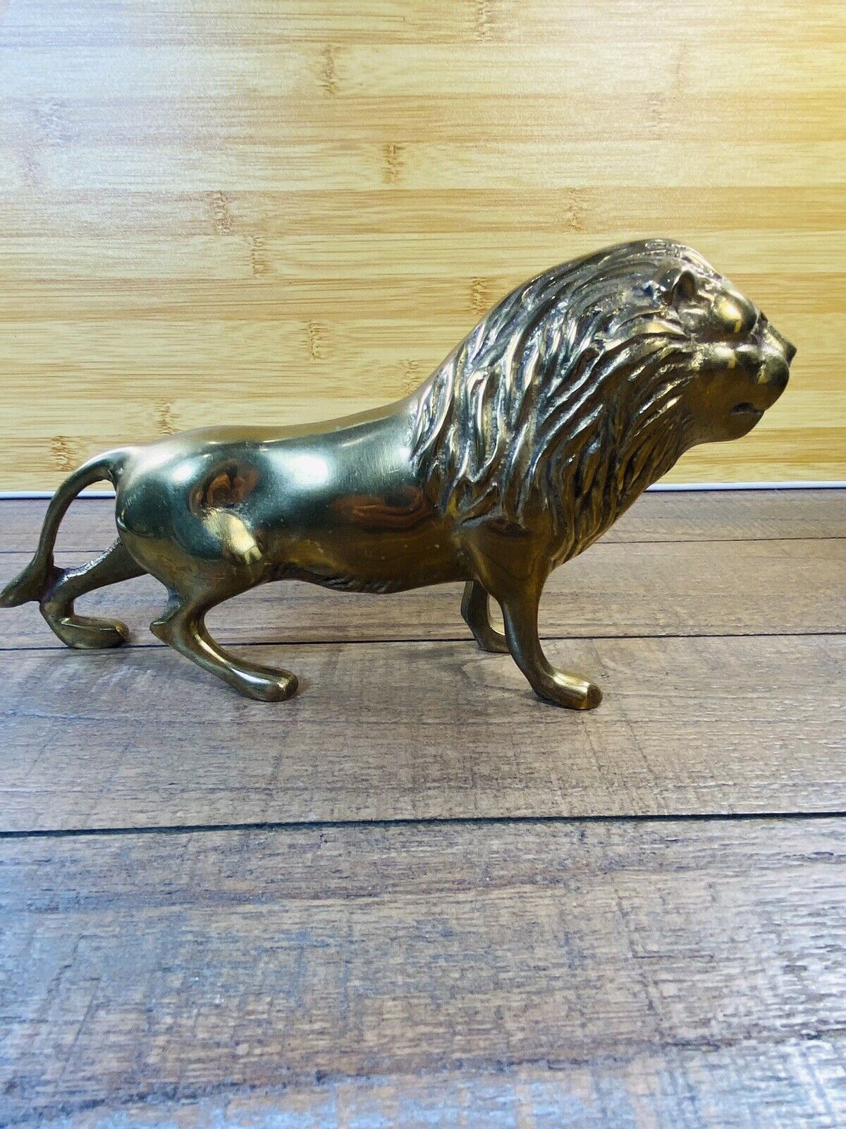 Vintage Solid Brass Lion Figurine Cat ~ 10.5” Long