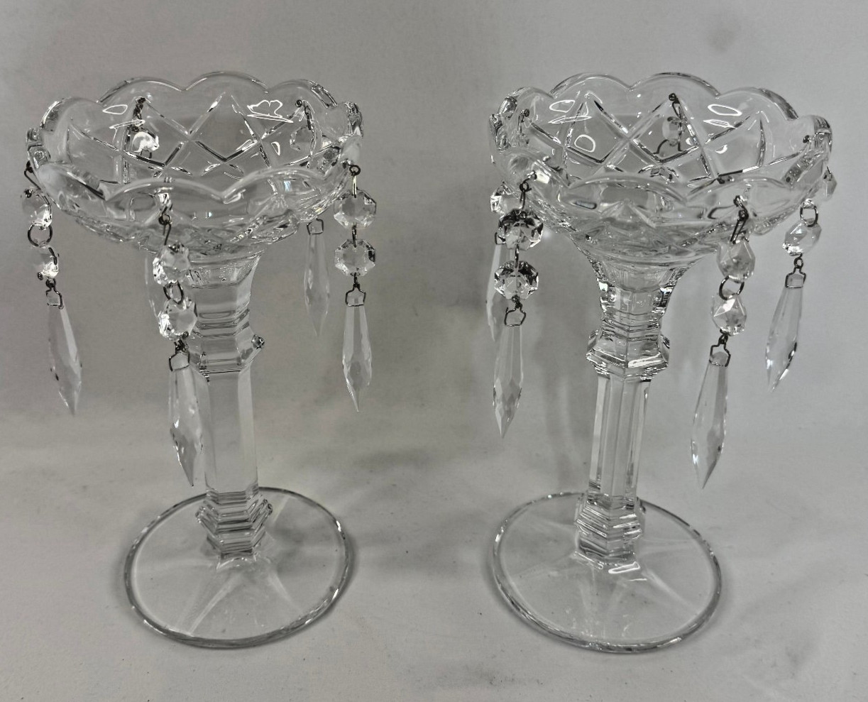 2 Vintage Shannon 24% Lead Crystal Glass Candle Holders Hanging Prisms #4184