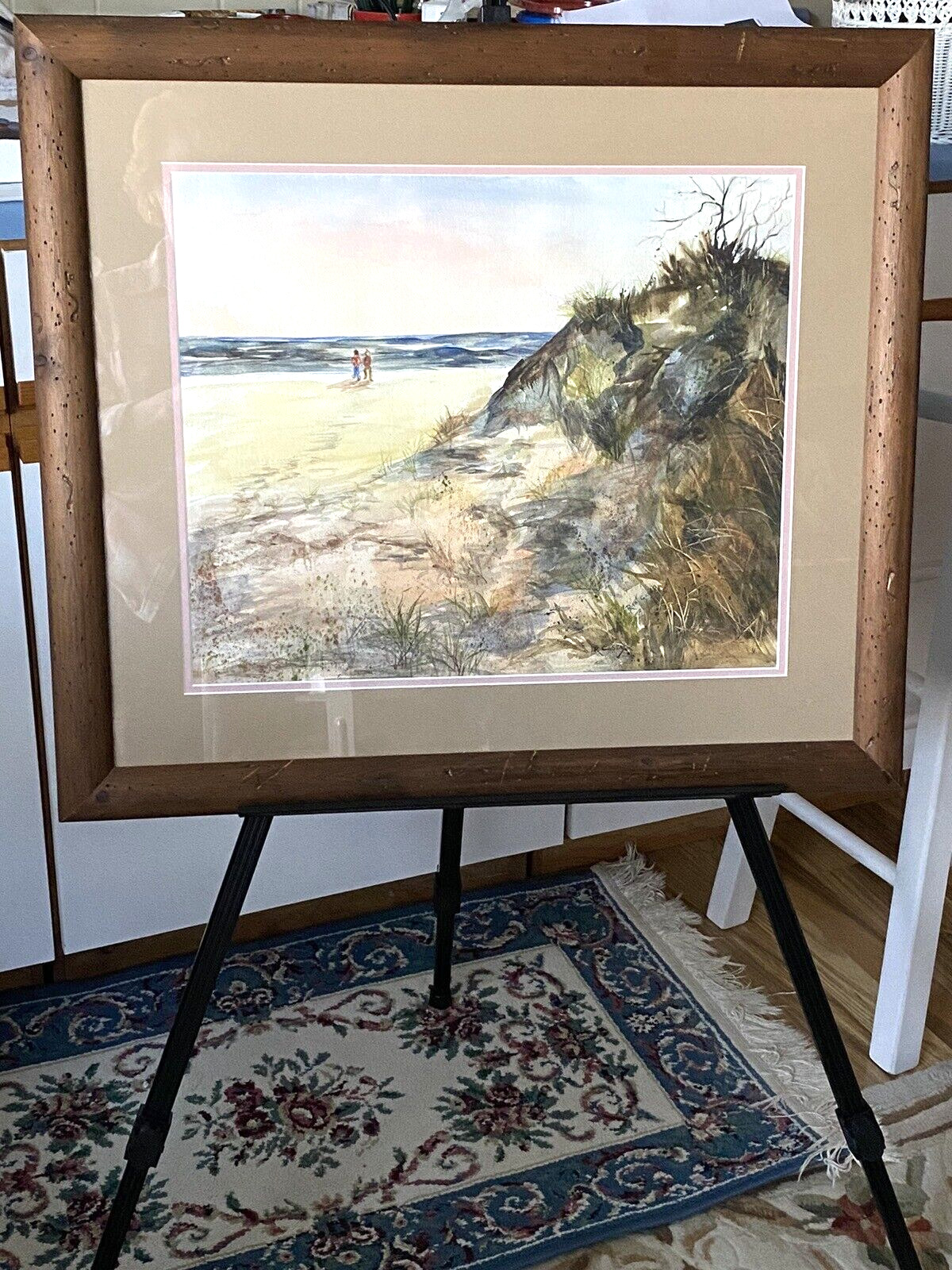 WORMY CHESTNUT PICTURE FRAME -w- COUPLE ON BEACH, BEAUTIFUL WATERCOLOR PRE-OWNED