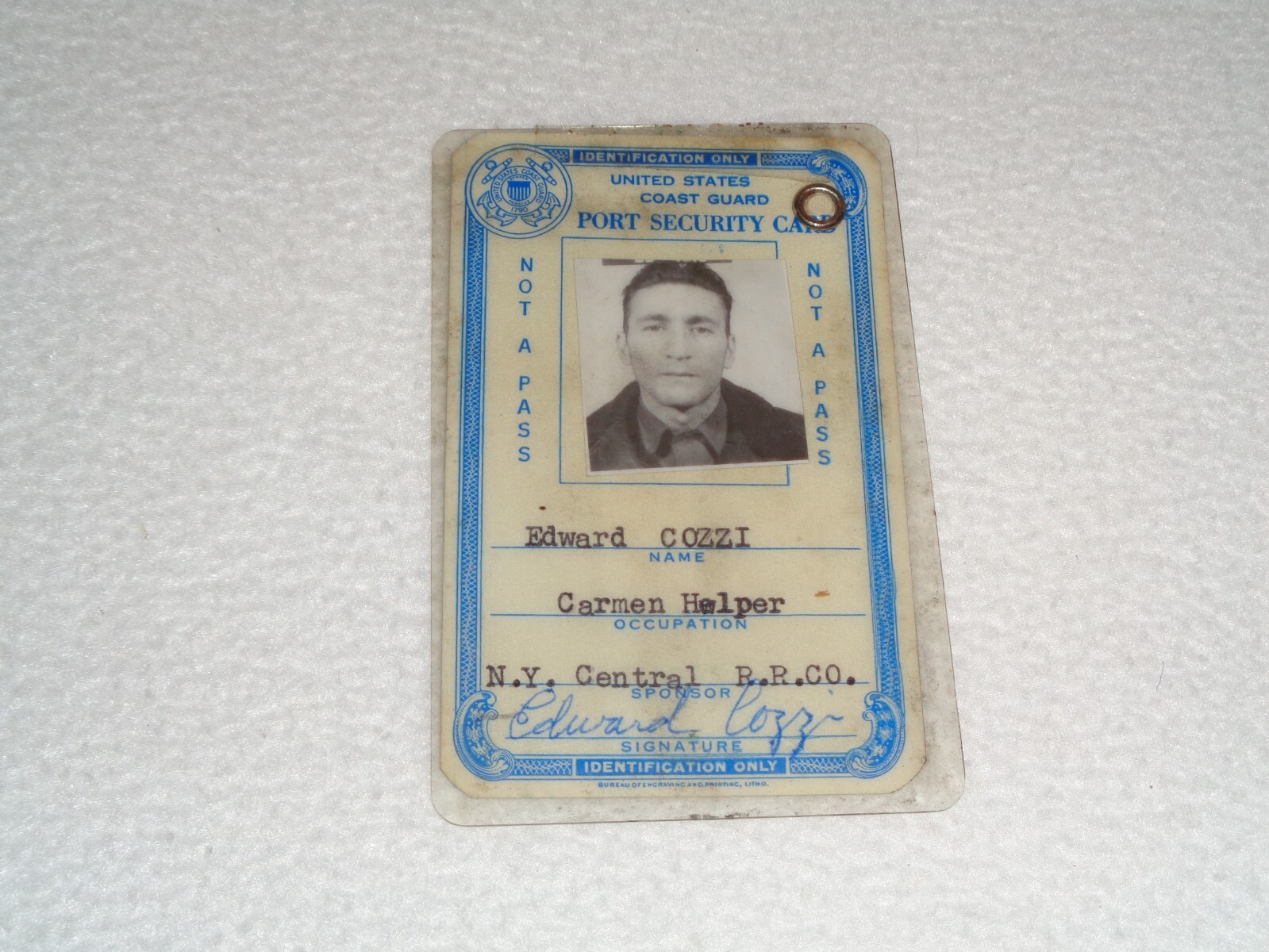 Coast Guard Port Security Card New York Central Railroad 1952-1954 Rare ID Card