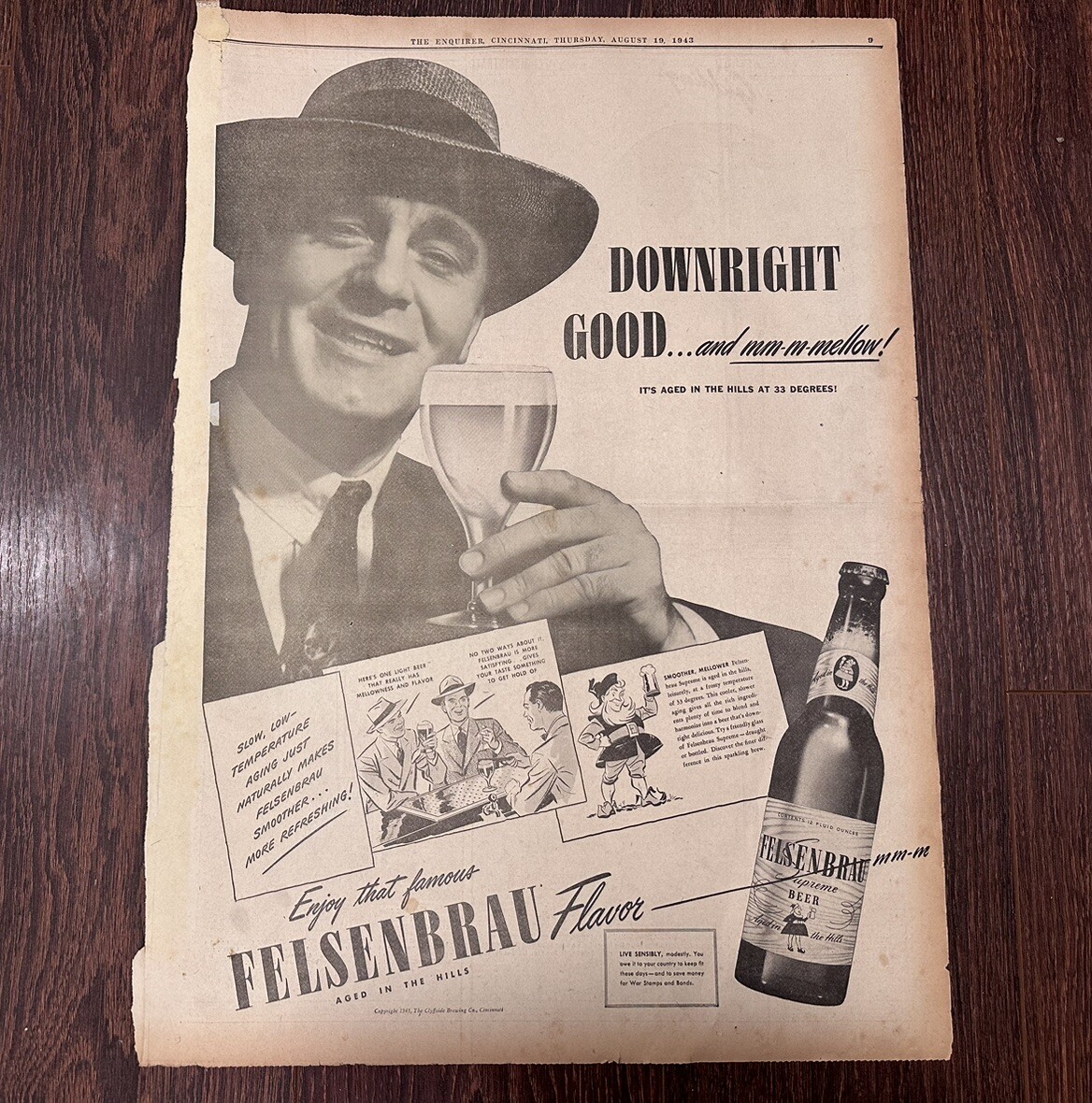1943 Felsenbrau Beer Clyffside Brewing Co Full Page Newspaper Ad Cincinnati Ohio