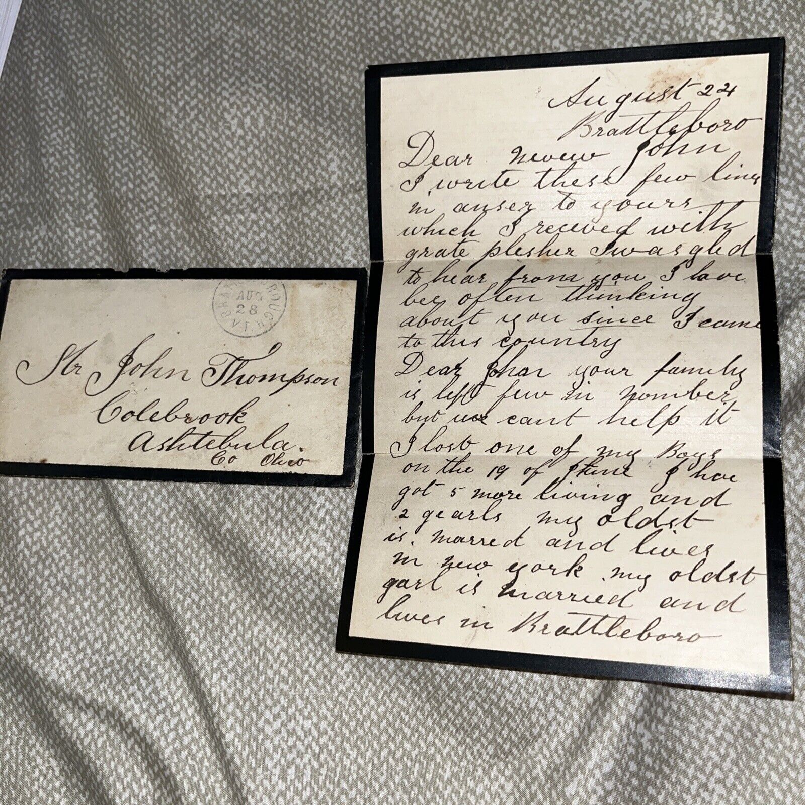 Antique Letter from Brattleboro VT Vermont to Colebrook Ashtabula County OH Ohio