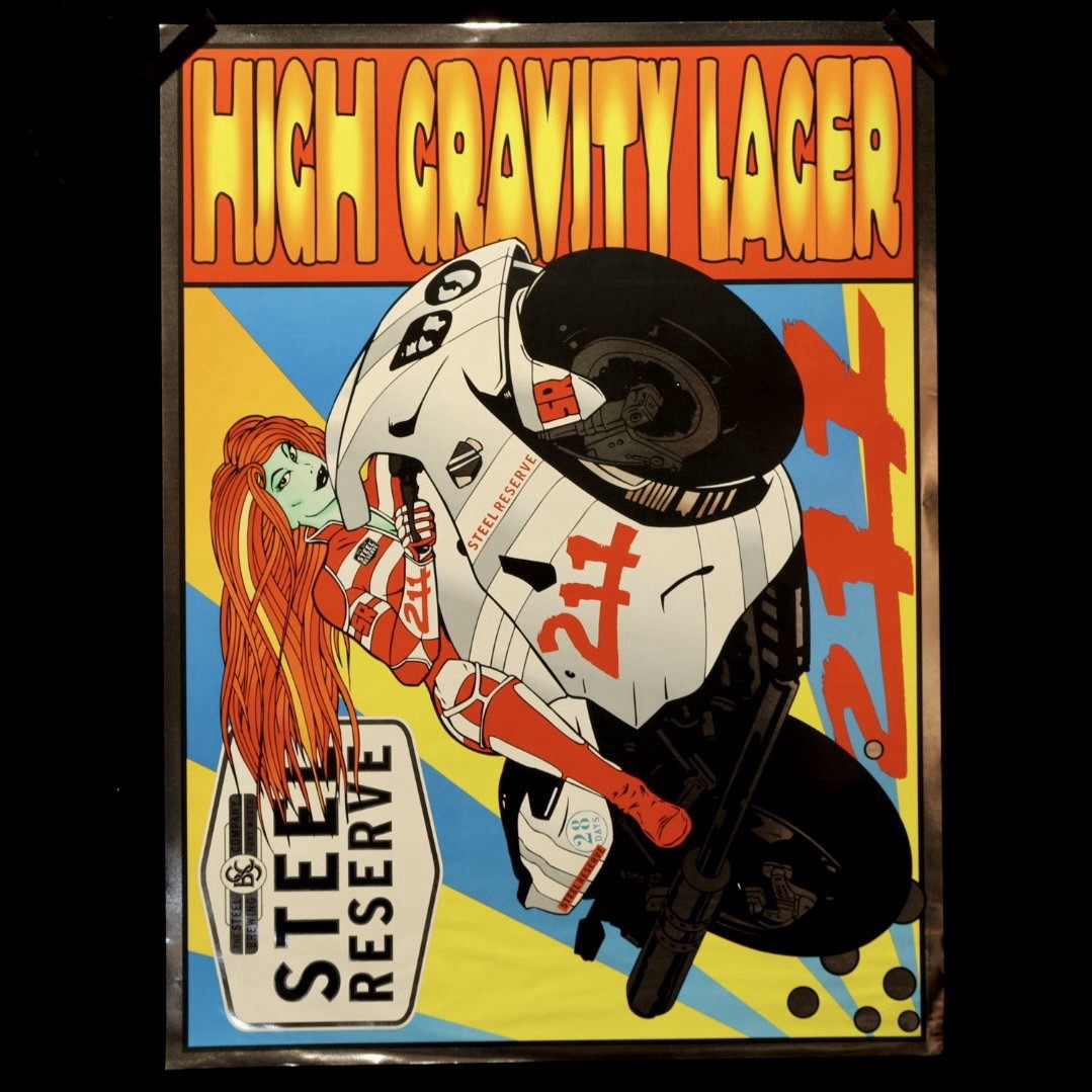 Steel Reserve — Frank Kozik — 2002 — Giant Beer Label — Chrome Foil 21.5 X 33.5