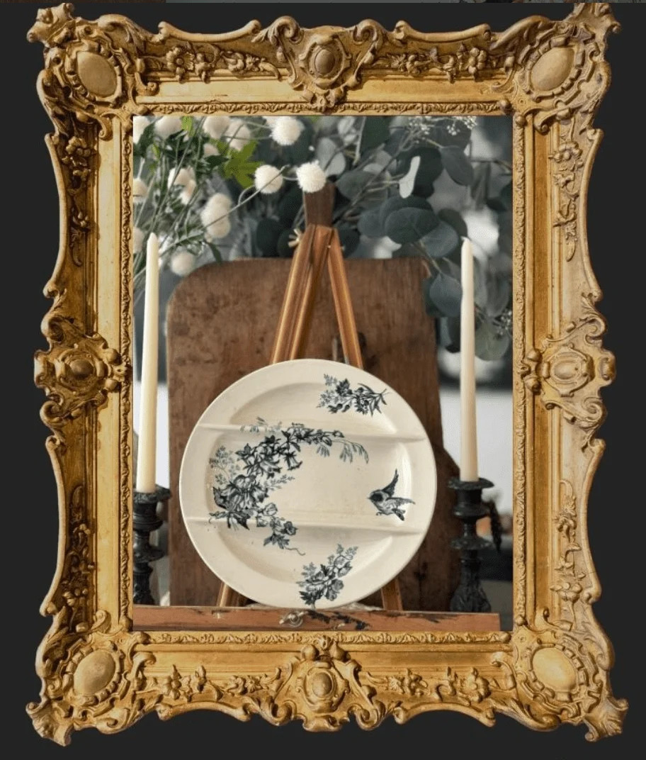 Antique French Longwy Terre de Fer divided Asparagus Plate w Bird