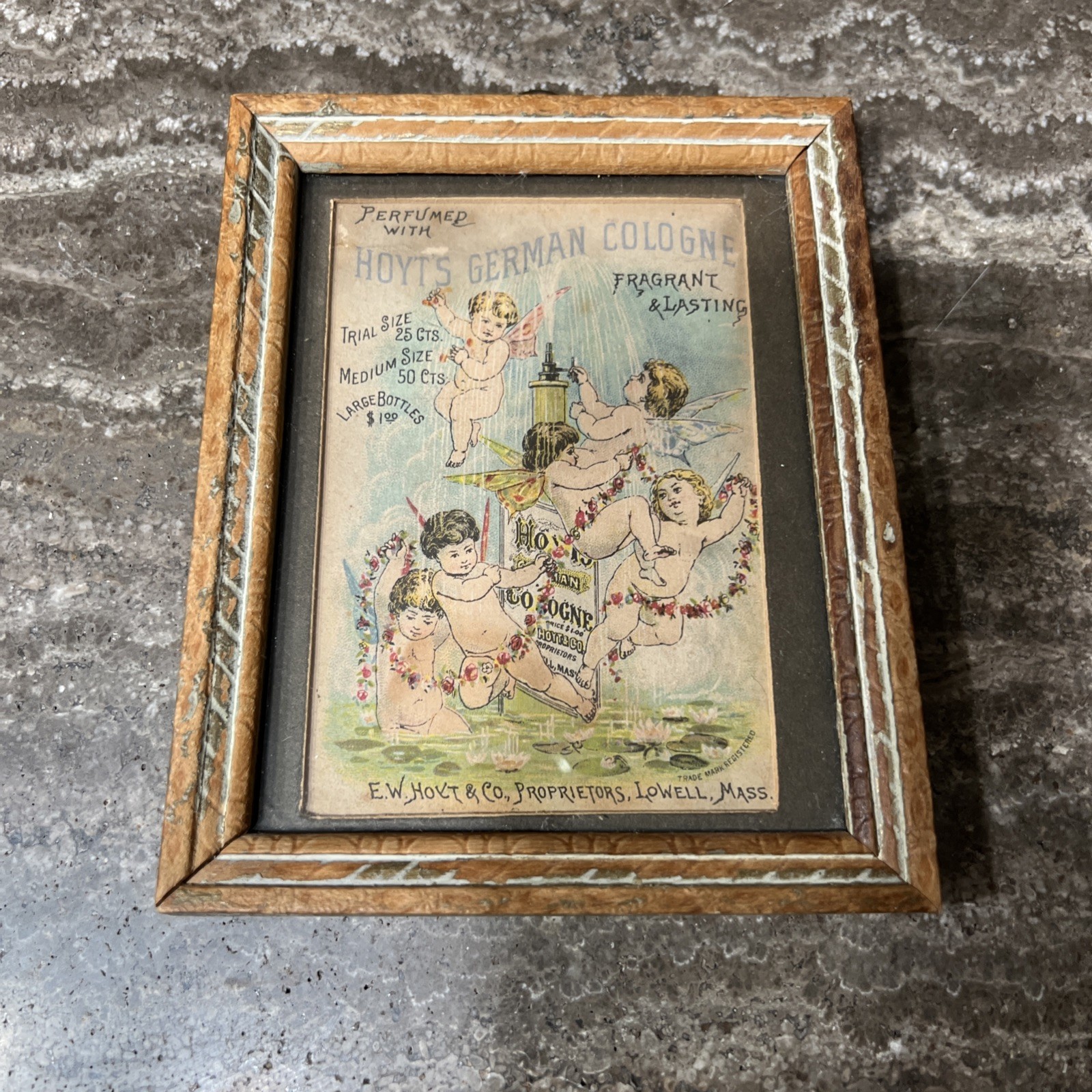 Antique Hoyt’s German Cologne Advertising Print c. 1890–1905 Framed Cherubs