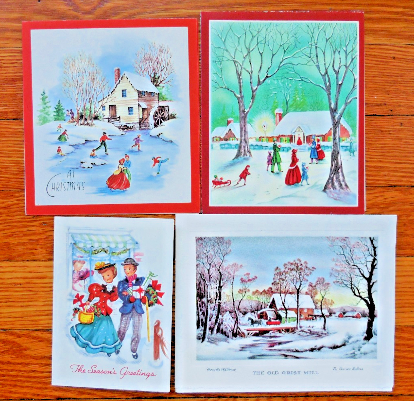 Four Vintage Merry Christmas Cards Skaters Horse Drawn Sleds Currier Ives Homes Four Vintage Merry Christmas Cards Skaters Horse Drawn Sleds Currier Ives Homes