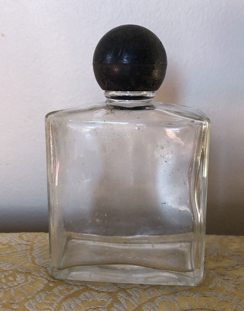 Vtg 1940s Clear Glass Mens Cologne Bottle W/ Round Screw On Lid Cap Decor Prop