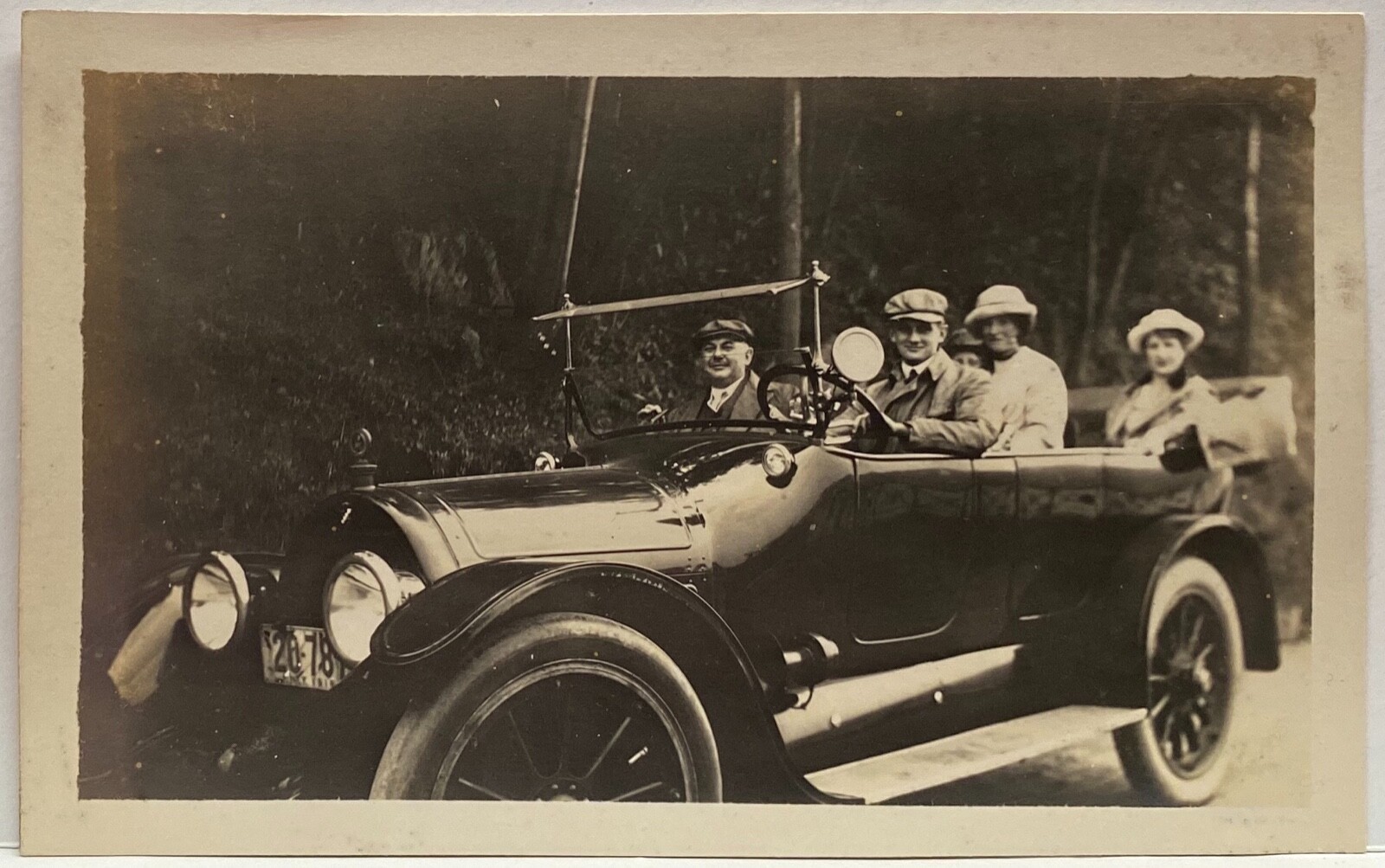 Four People Ride In Old Auto With Top Down NY License Plate-Early Photo 1914 Four People Ride In Old Auto With Top Down NY License Plate-Early Photo 1914