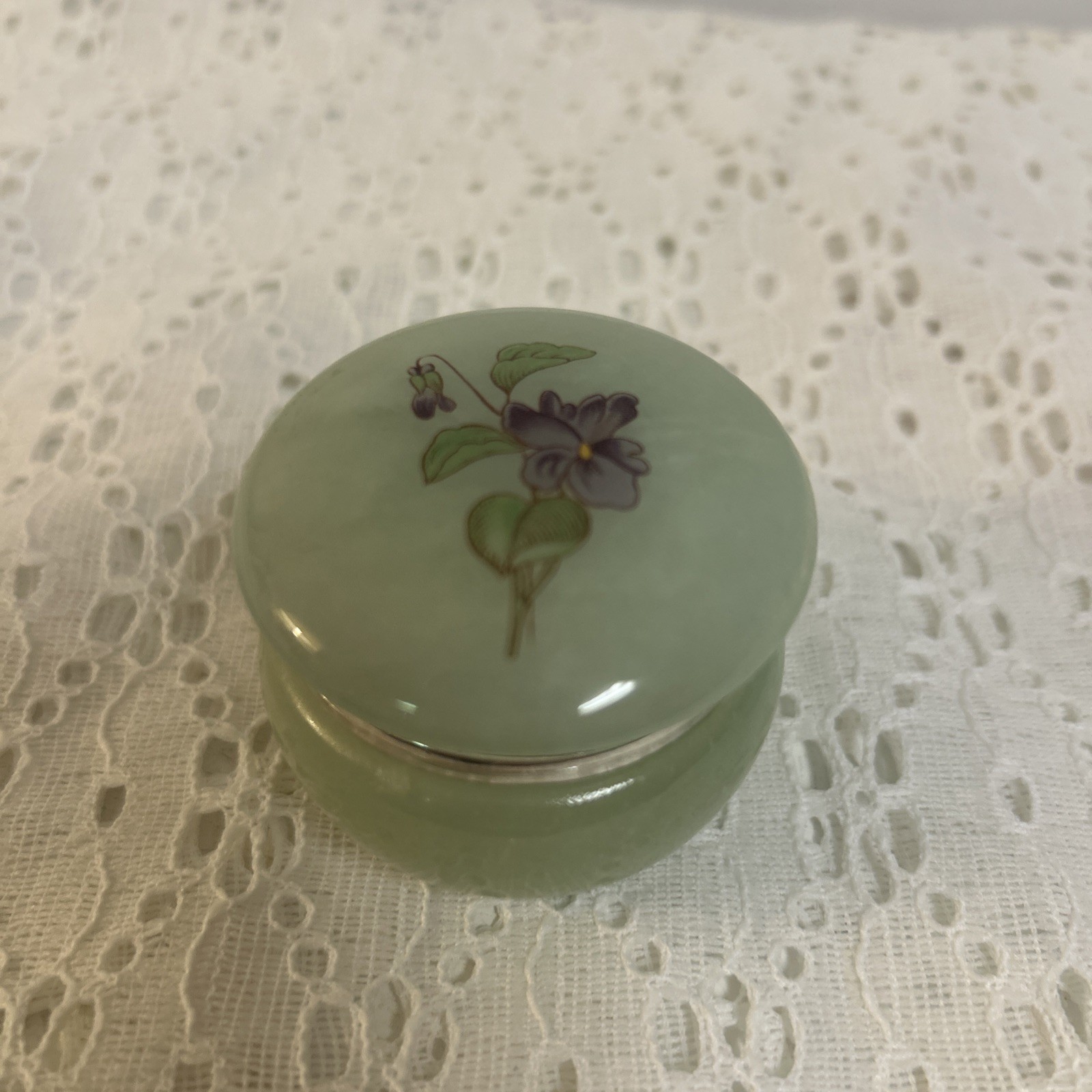 Vintage Marble Green Teal Trinket Pill Box Jar Violet Decal Hinged Lid 2”x 1.5”