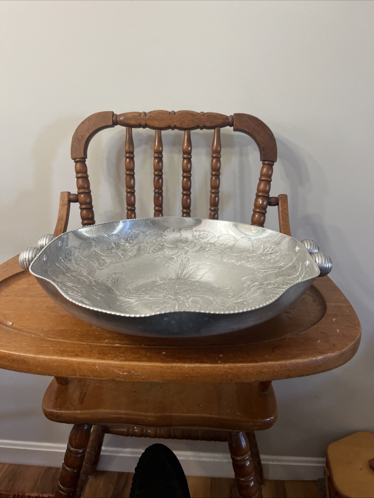 vintage hand-wrought, hammered aluminum serving tray embossed floral pattern 13”